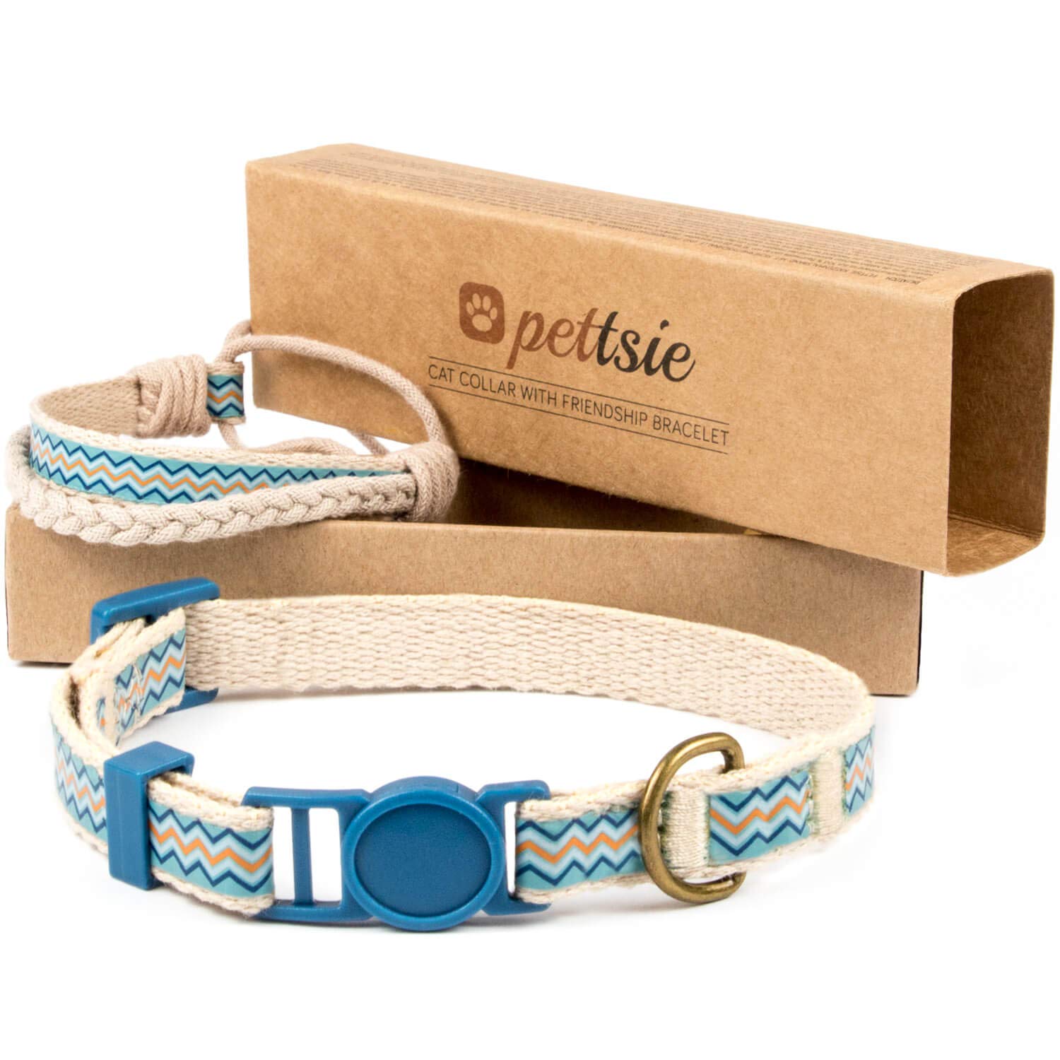Pettsie Easy Adjustable Cat Collar Set, Safety Breakaway Buckle, Matching Friendship Bracelet, Soft Cotton For Sensitive Skin, Ideal For Kitty Lovers, Fits Neck Sizes 7.5-11.5 Inches, Blue