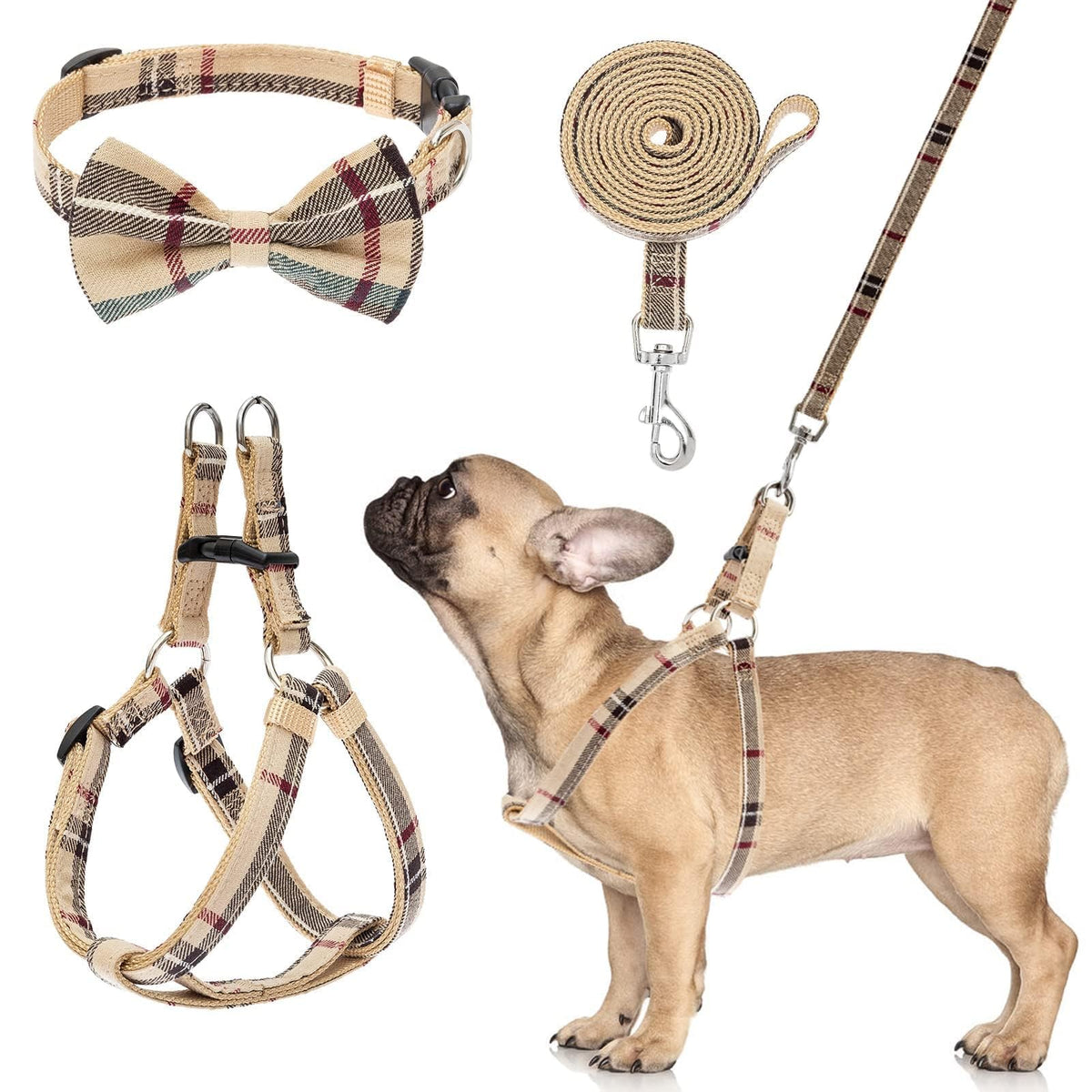 Bingpet Dog Harness Collar Leash Set,Adjustable No Pull Escape Proof Small Dog Harness,Classic Plaid Puppy Harness And Leash Set For Small Medium Large Dogs Training Easy Walk Running(Beige,S)