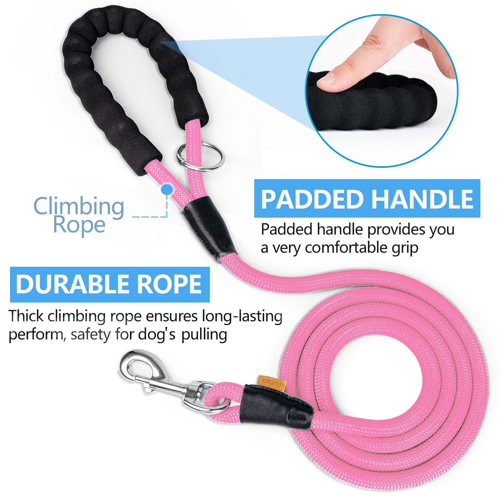 Aiminto Dog Leash - Braided Rope Traction Lead for Medium/Large Dogs, 6FT, Pink, Polyester, Model PMCC-LEASH