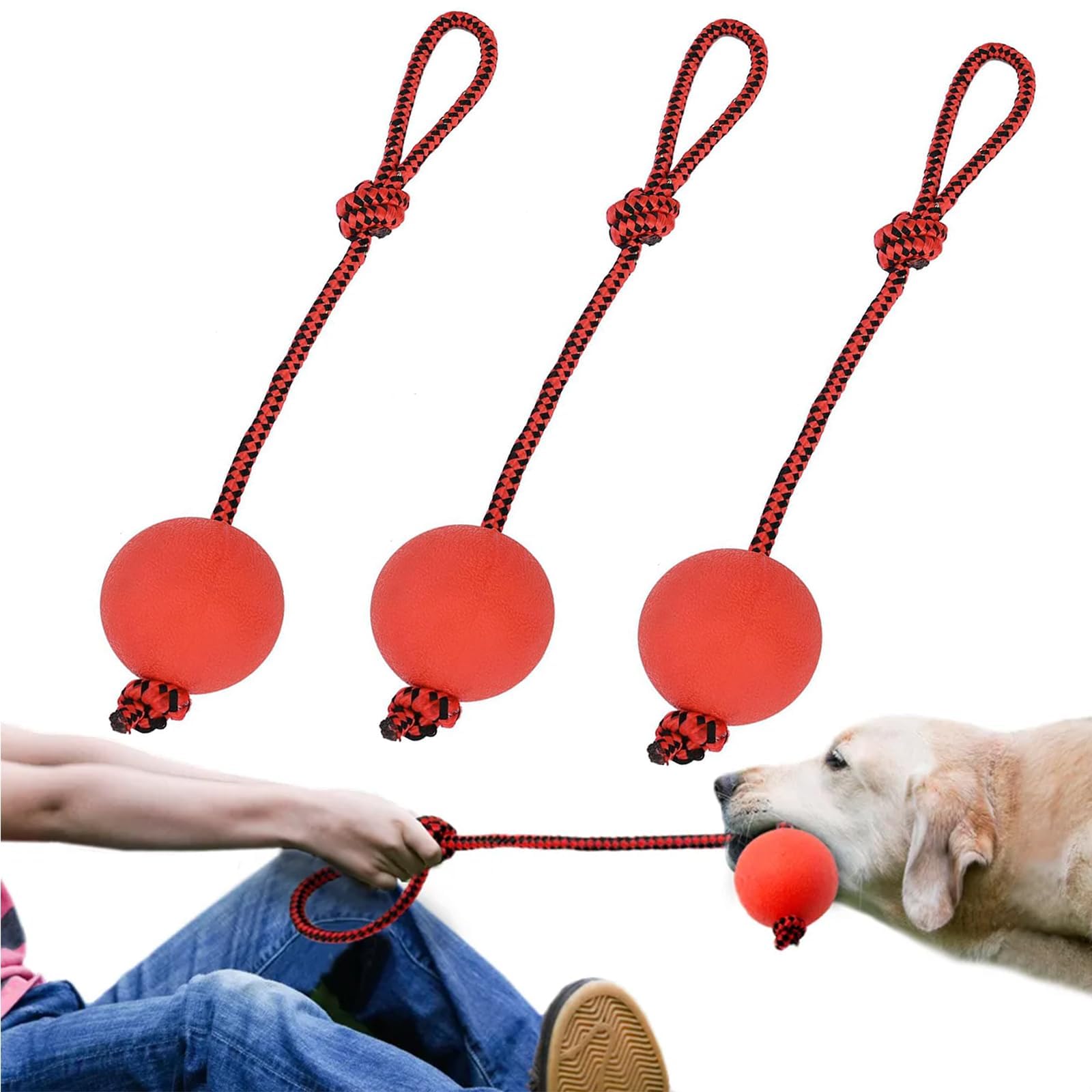3 Pcs Durable Dog Ball with Rope  Interactive Dog Toys for Large Dogs and Puppies, Tough Dog Rope Toy for Fetch, Tug of War and