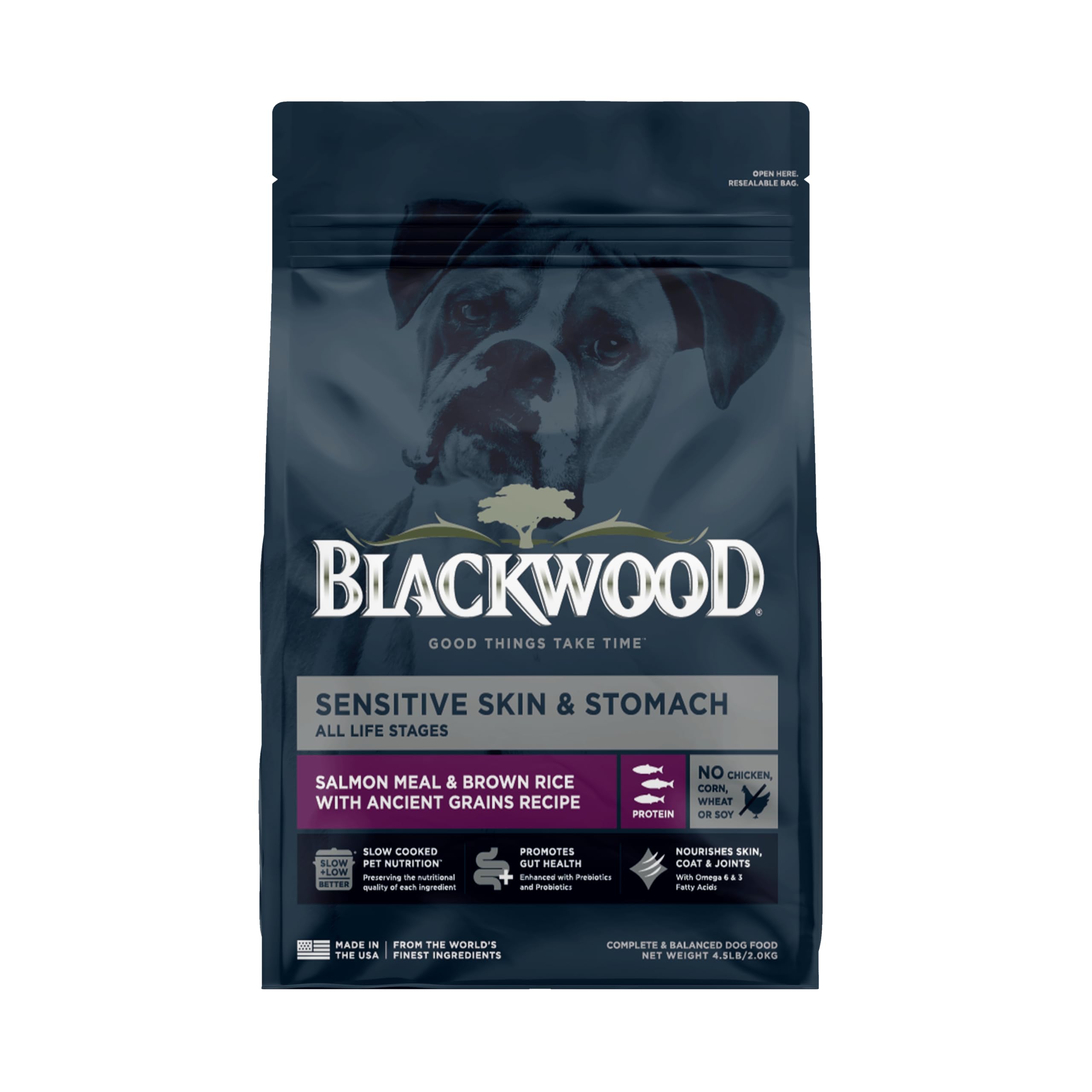 Blackwood Sensitive Skin & Stomach Dry Dog Food, Salmon Meal & Brown Rice with Ancient Grains, 4.5 Pound Bag with Prebiotics & P