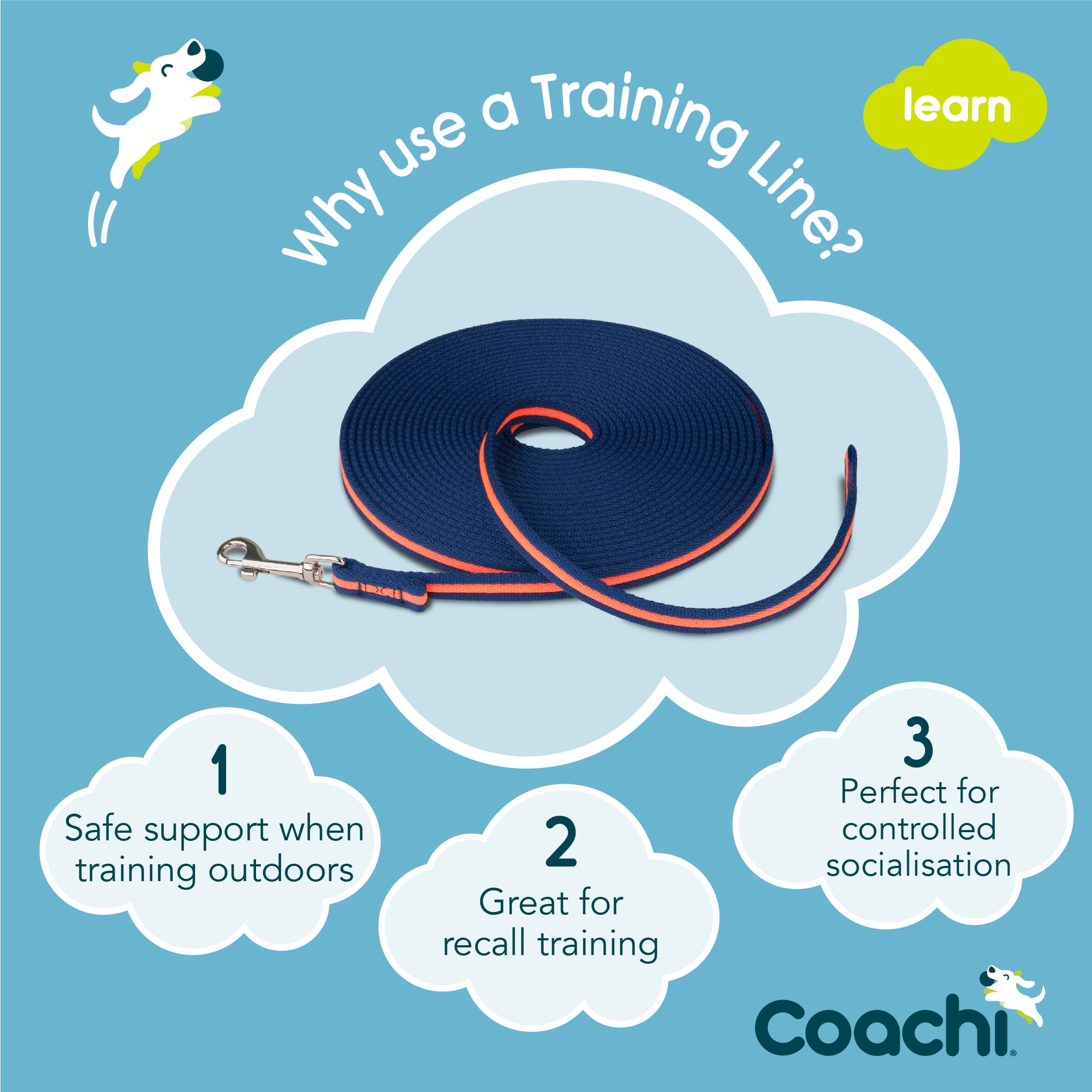 Coachi Training Line 10M Safe Training Outdoors, Recall Training, Dog And Puppy Socialisation, Lightweight, Soft To Hold, Perfect For Stopping Chasing, Suitable For Medium And Large Dogs And Puppies