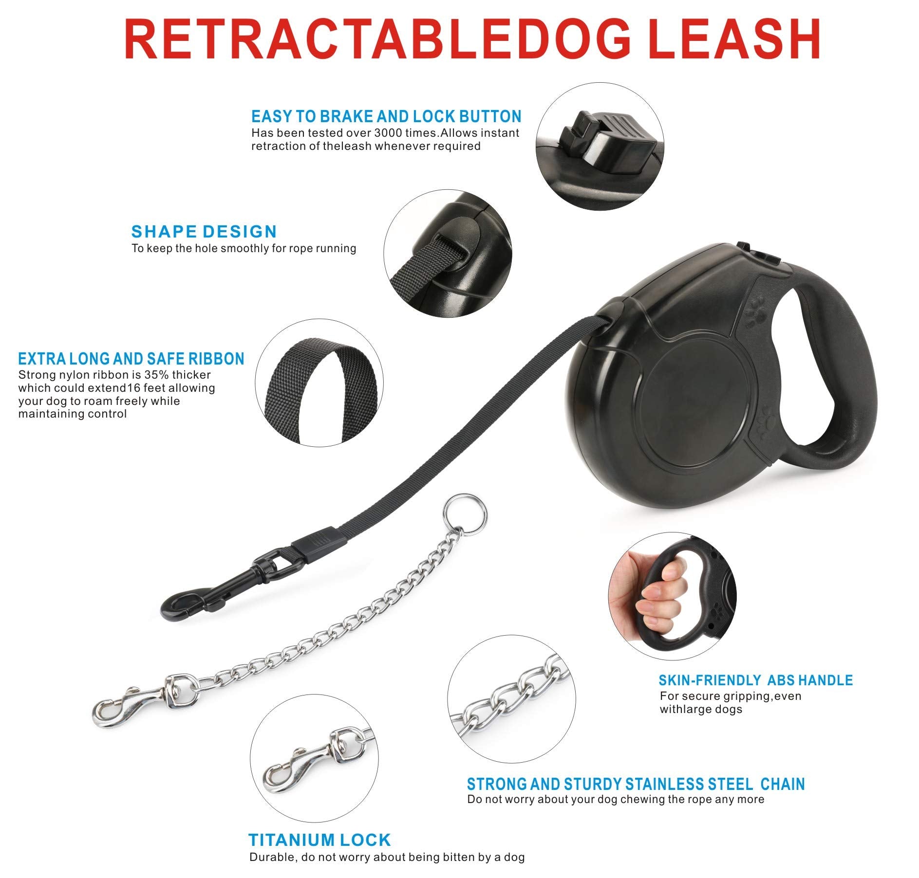 Idepet Heavy Duty 16ft Retractable Dog Leash for Small & Medium Dogs, Tangle-Free Steel Chain, Break & Lock System, Black