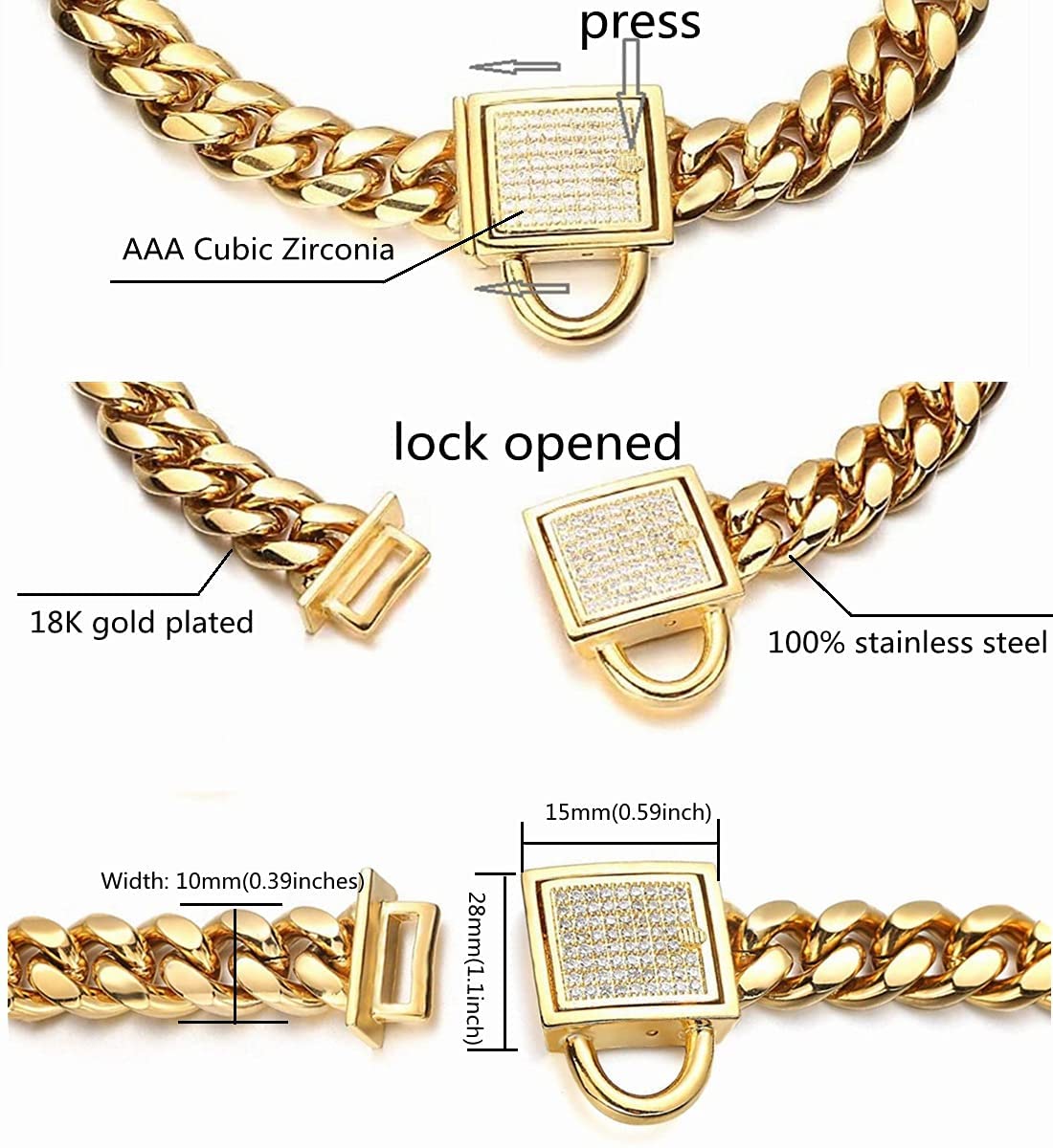 Gold Dog Chain Collar 10Mm Wide Cuban Link Puppy Collar 316L Stainless Steel With Cz Diamond Lock Bling Collar For Small Dogs(10