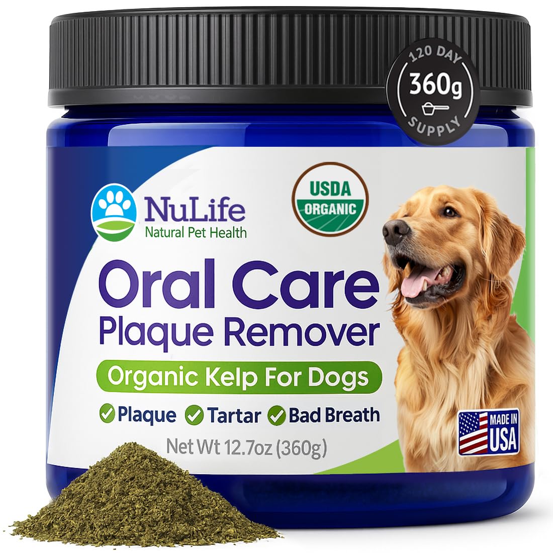 Dog Teeth Cleaning Powder, Dog Plaque and Tartar Remover, Bad Breath Treatment for Dogs with USDA Organic Sea Kelp Powder, Dog D