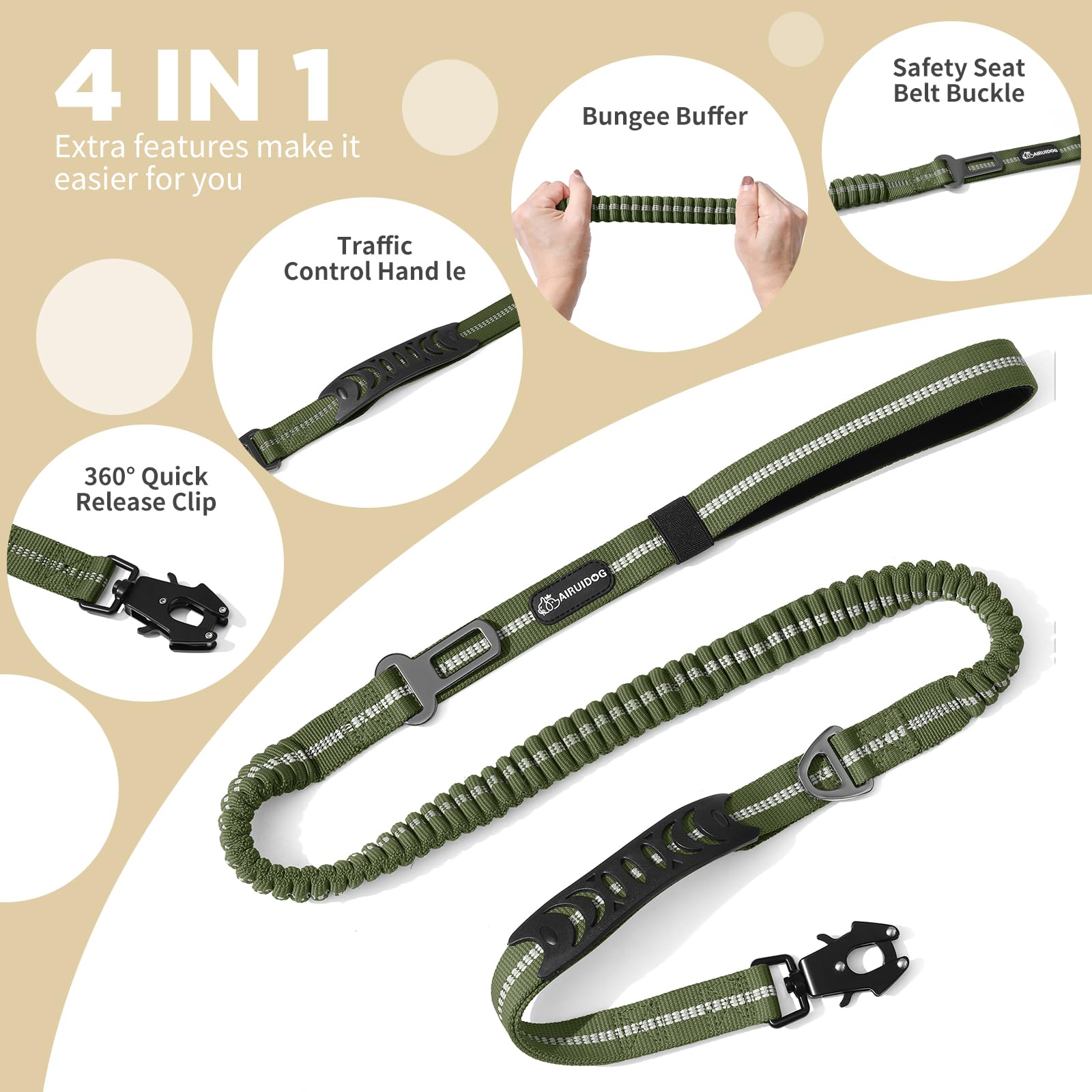 aiRuidog Heavy Duty Tactical Bungee Dog Leash, 4-6FT Shock Absorbing Tactical Dog Leash with 2 Padded Handles, Metal Carabiner C