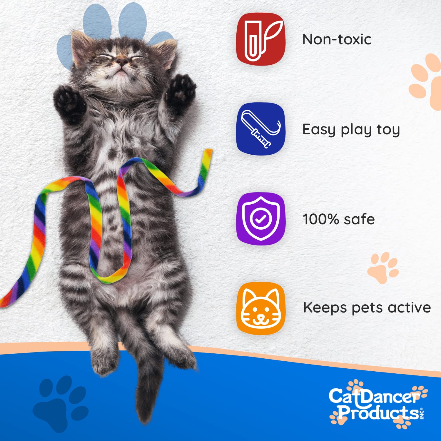 Cat Dancer Products Rainbow Cat Wand Charmer, Safe Teaser Wand For Indoor Cats & Kittens, Flexible Exercise Toy Made Of Multicolor Fabric Ribbon, For Medium Breeds