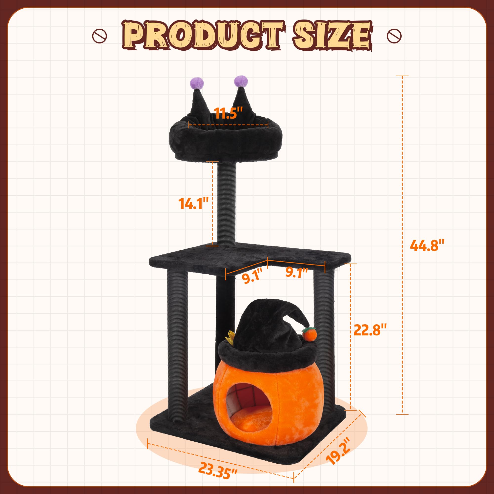 Kamaboko Gothic Cat Tree, 44.8In Black Cat Tower With Coffin Bed, Big Tall Cat Condo With Sisal Scratching Posts, Scratching Ram