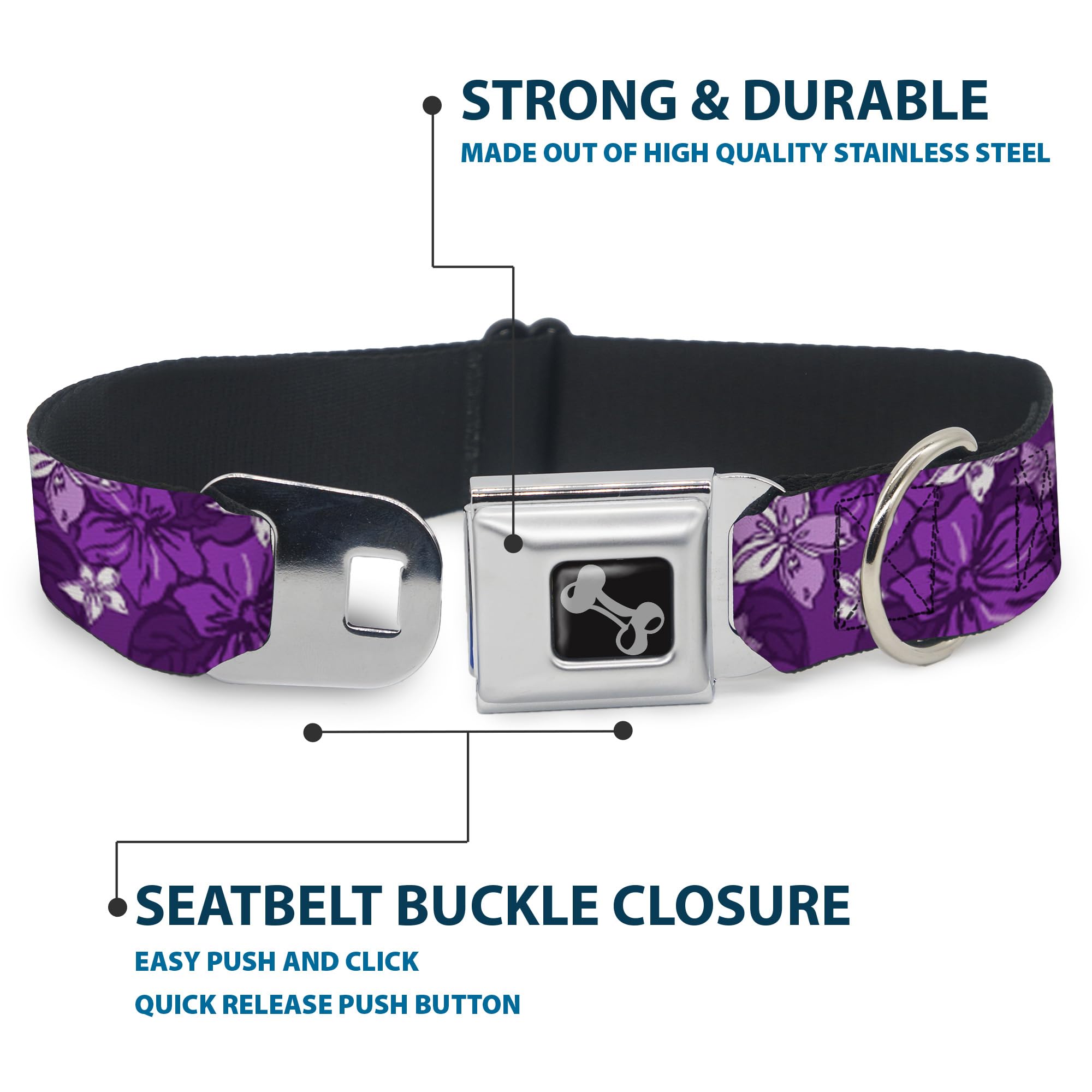 Dog Collar Seatbelt Buckle Hibiscus Collage Purple Shades 18 To 32 Inches 1.5 Inch Wide, Dc-W30877-Wl