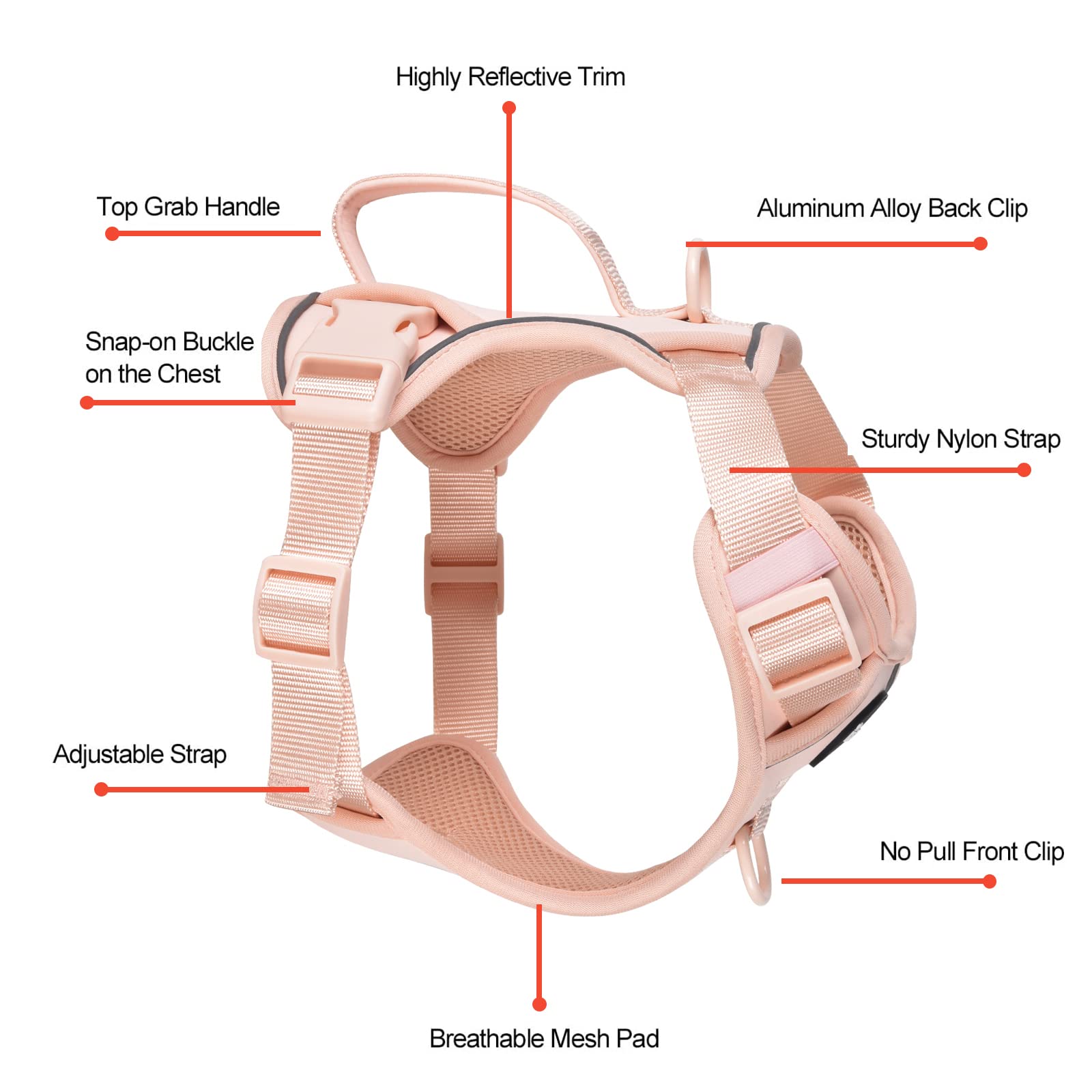 Petmolico Dog Harness For Medium Dogs No Pull, Cute Dog Harness With Two Leash Clips And Soft Handle, Reflective Easy Walk Dog Harness With Leash, Pink Medium