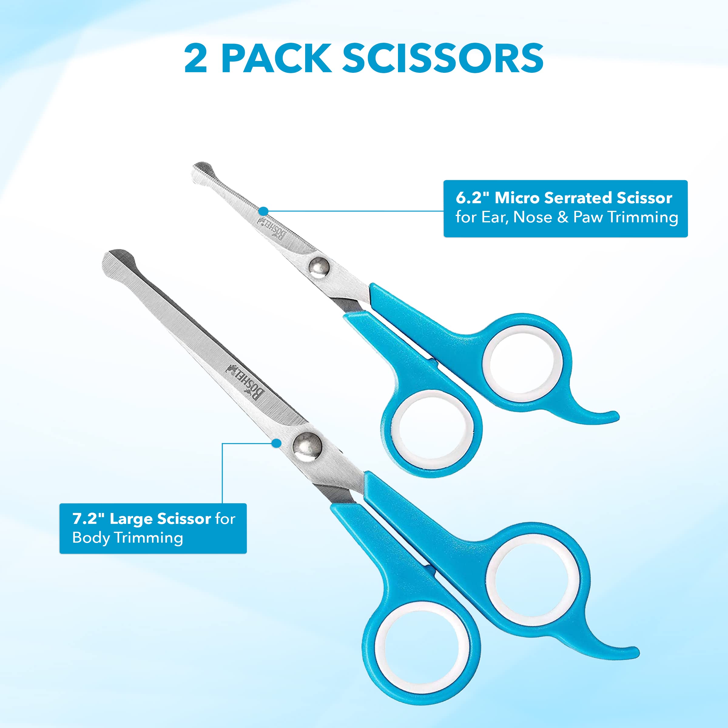 Boshel 2 Pc Dog Grooming Kit - Dog Grooming Scissors With Round Tips - 6' Micro Serrated Puppy Trimming Scissor For Face, Ear, Nose & Paw + 7' Pet Grooming Shear Cutting More Hair - Dog Scissors Set