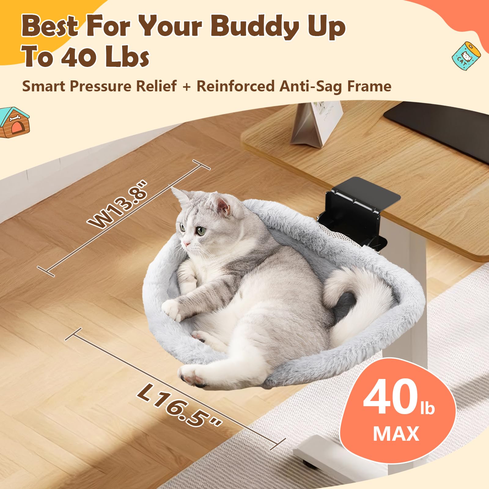Jinxzap Sturdy Cat Desk Bed - Extra-Large Clamp & All-Metal Frame, Comfy Cat Hammock With Reversible Cover, Removable & Washable
