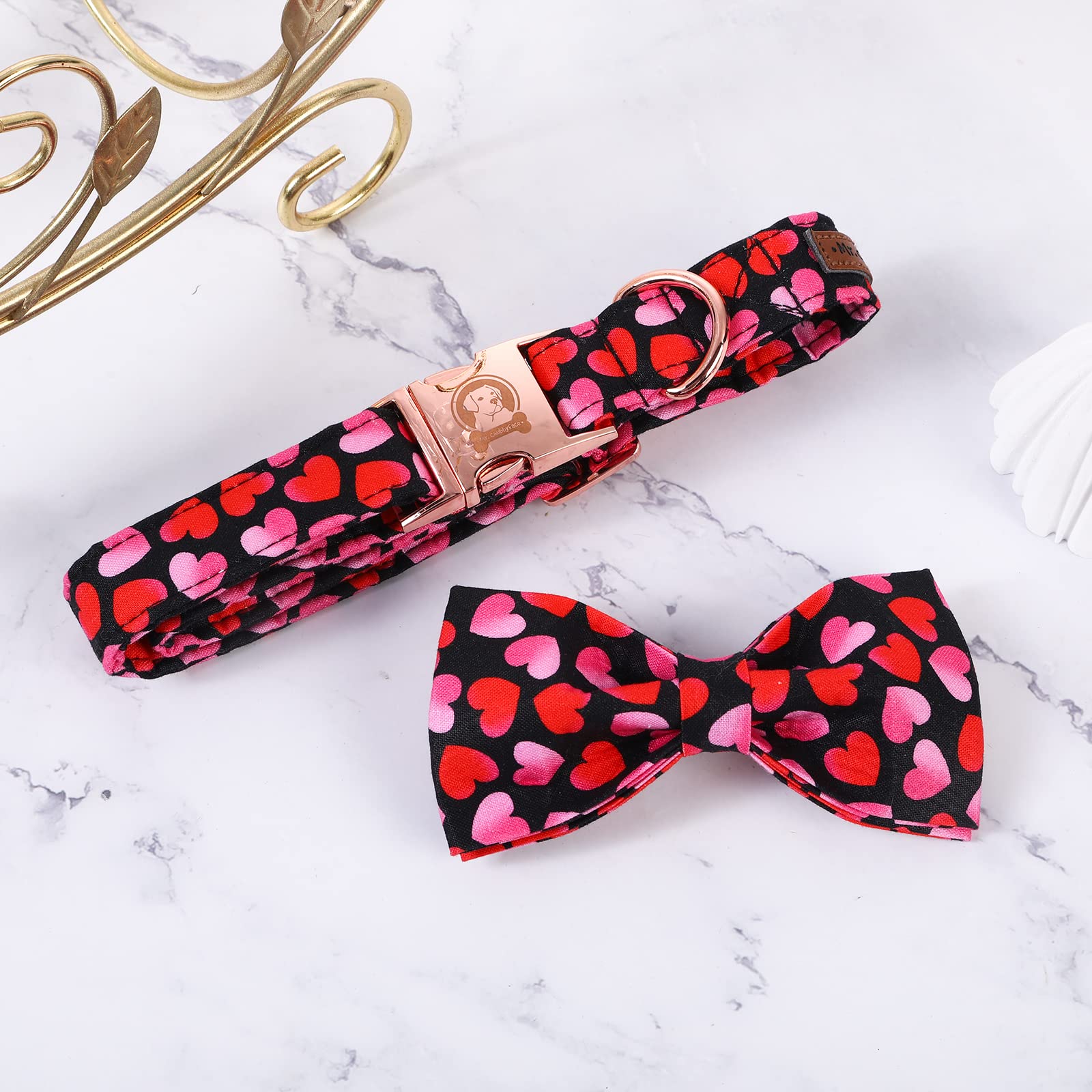 Mr. Chubbyface Valentine'S Dog Collar With Bowtie, Cute Black Heart Dog Collar With Metal Buckle, Adjustable Cotton Collar For S
