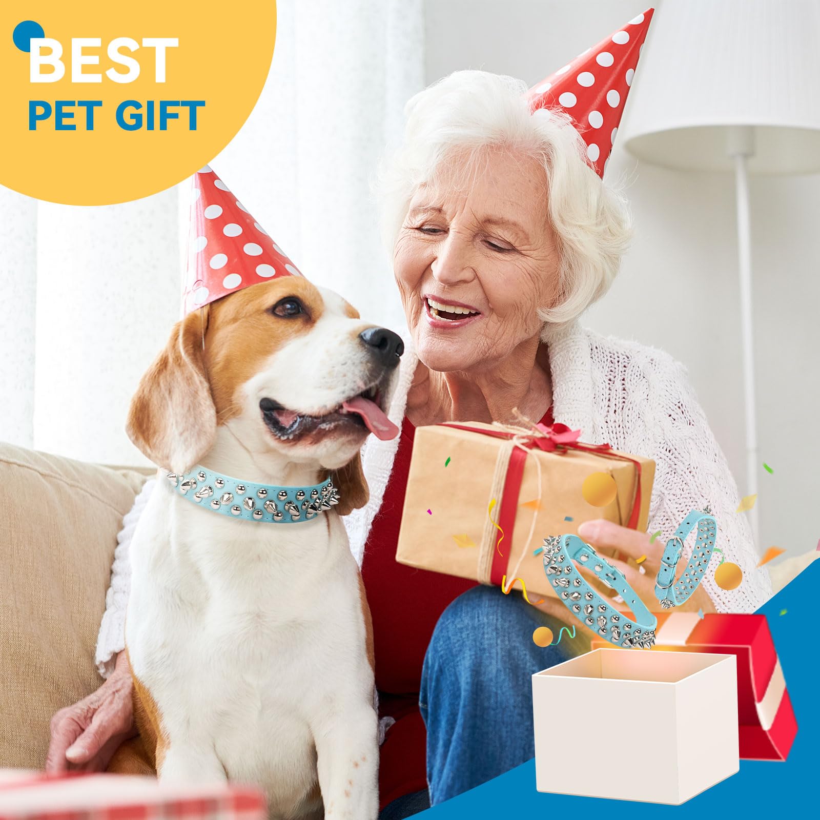 Petcare Spiked Dog Collar Blue Soft Pu Leather Funny Mushrooms Rivet Spike Studded Puppy Collar Adjustable Outdoor Pet Dog Colla