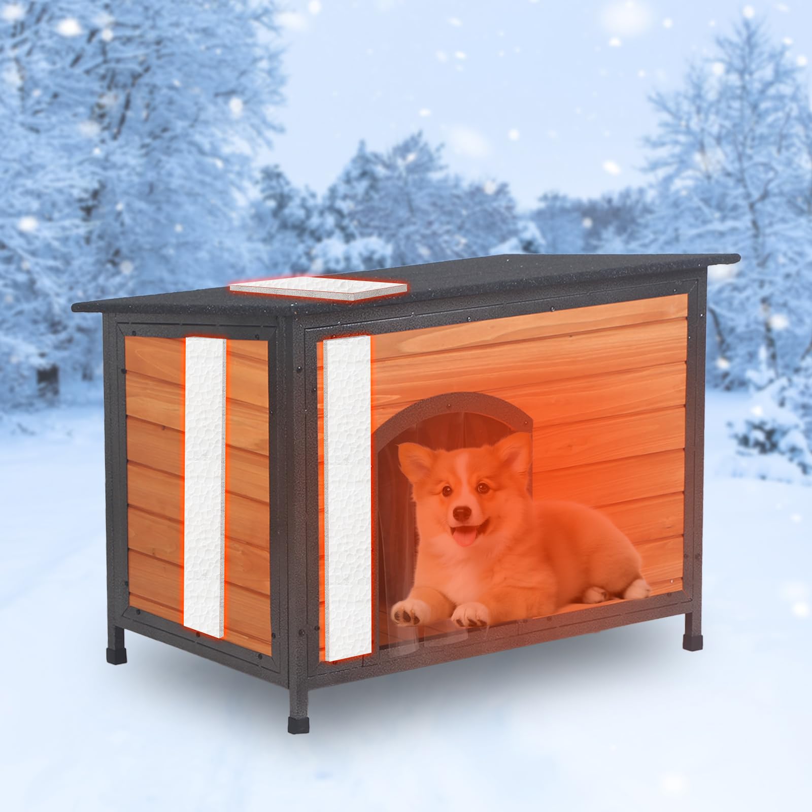 Funxplore Dog House Outdoor Insulated 34.3'' L Dog Kennel 6 Sides All-Round Foam Winter Weatherproof For Small Medium Dogs With 