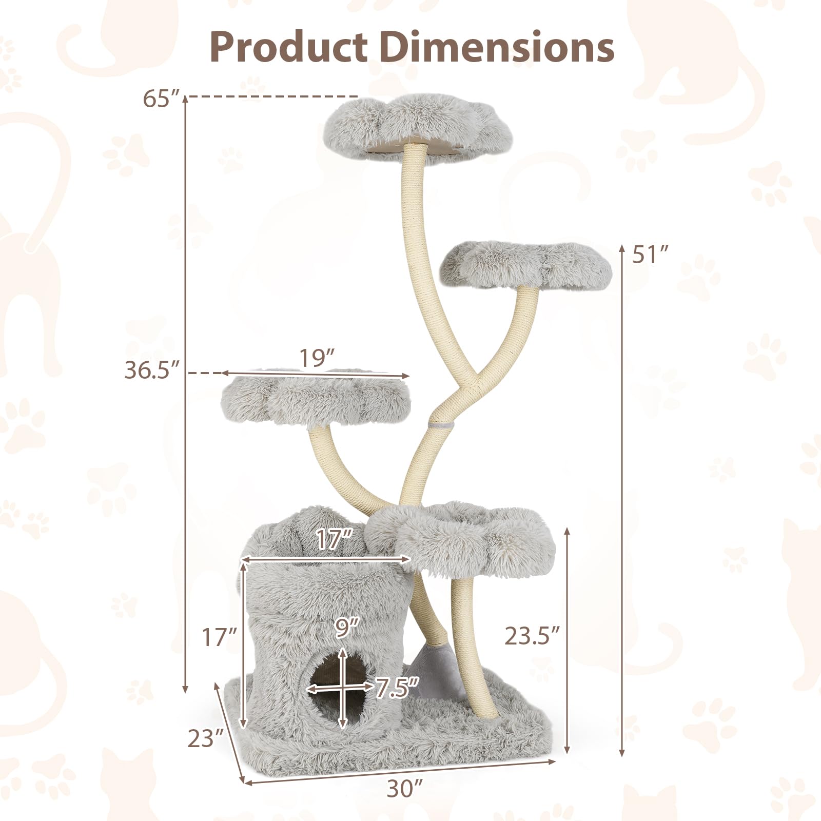 Tangkula Cat Tree Tower, 65 Inch Tall Cat Tower with Sisal Scratching Posts, Flower-Shaped Platforms, Padded Cat Condo, Modern C