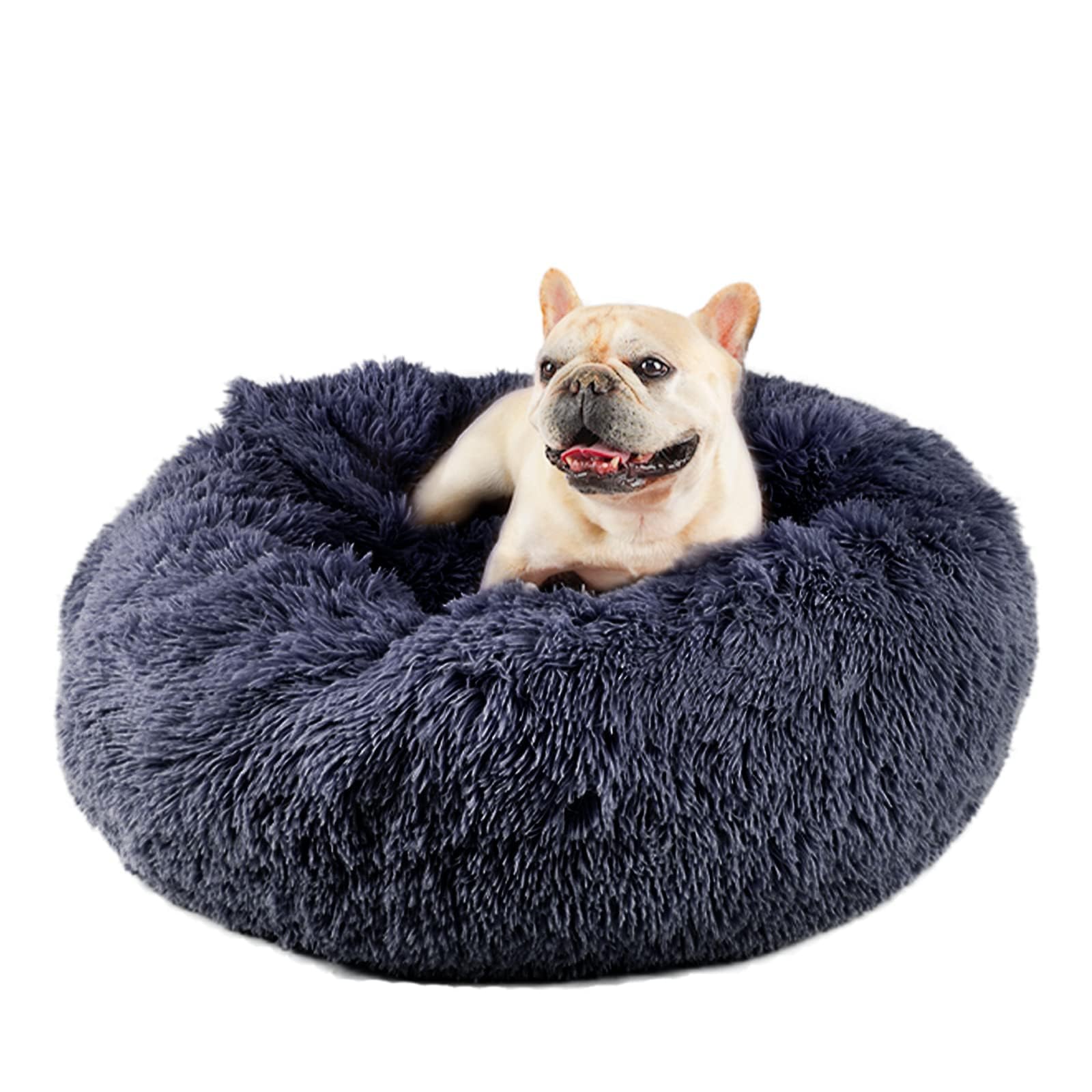 Himax Medium Dog Bed, Round Dogs Beds With Blanket Attached, Comfort Fluffy Calming Dog Bed Washable (20''/26''/35'') Deep Grey