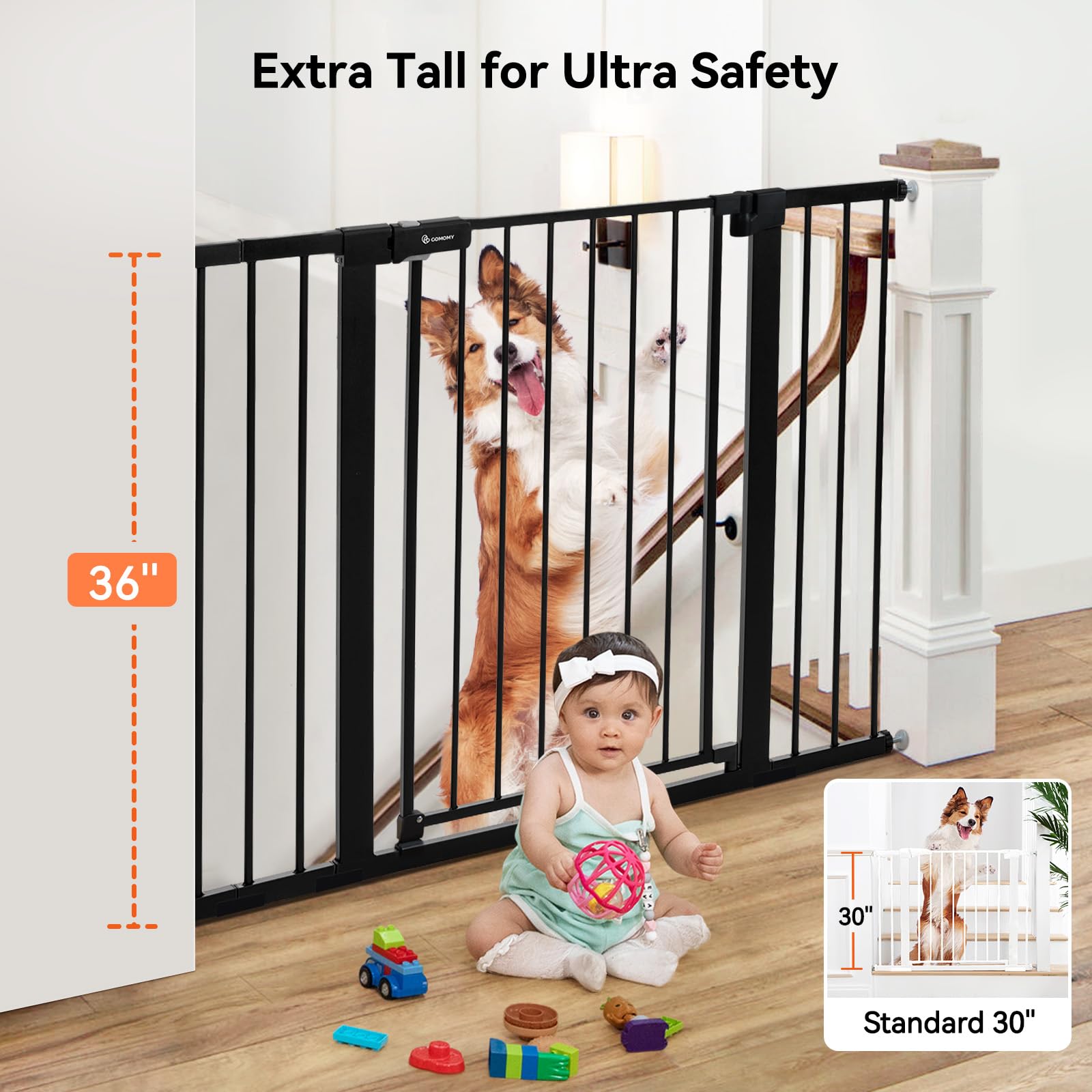 Comomy 36' Extra Tall Baby Gate For Stairs Doorways, Fits Openings 29.5' To 48.8' Wide, Auto Close Extra Wide Dog Gate For House, Pressure Mounted Easy Walk Through Pet Gate With Door, Black