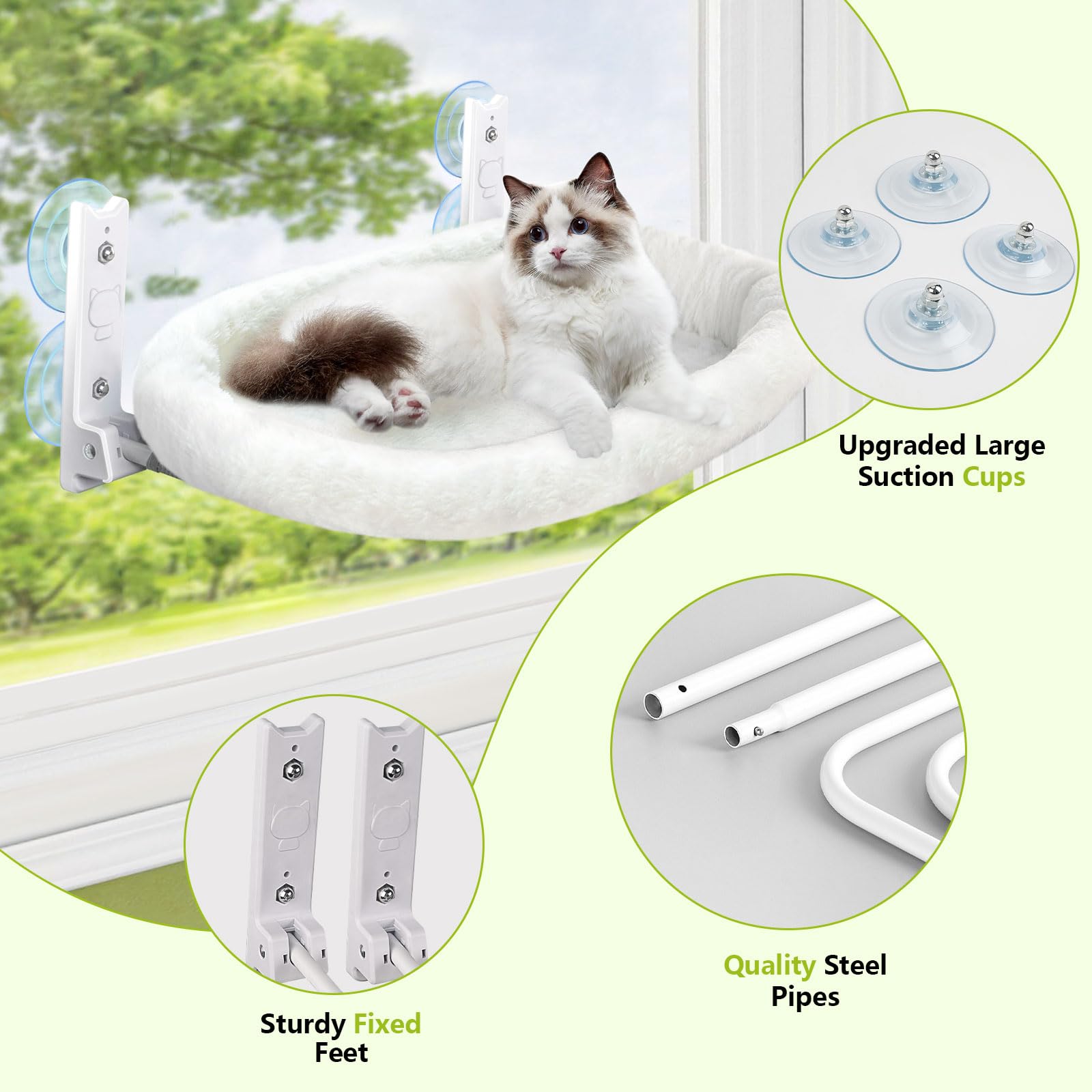 Cat Window Perch, Cordless Cat Hammock, Foldable Cats Window Bed For Large Cats With 4 Strong Suction Cups, Solid Metal Frame An