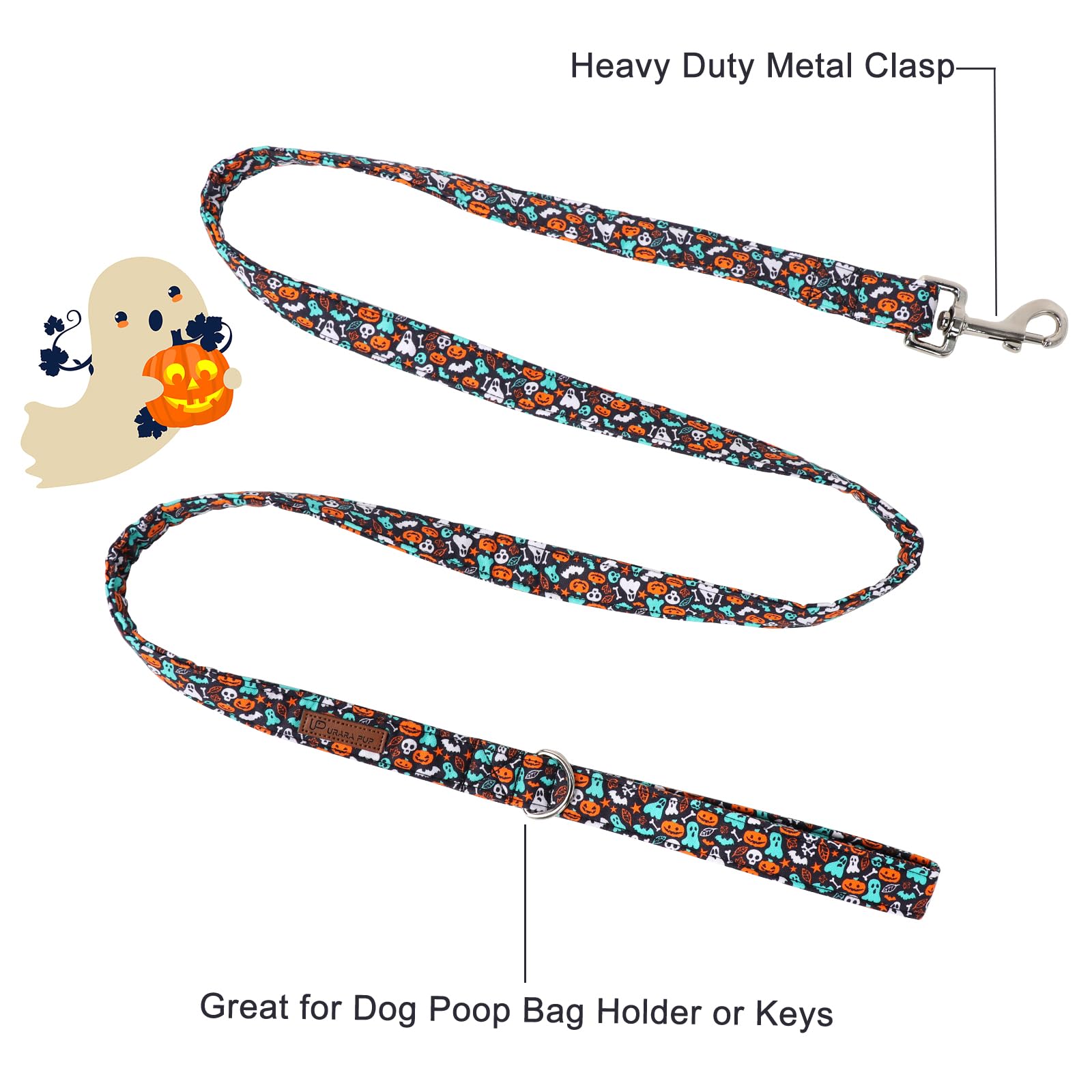 Up Urara Pup Dog Leash & Collar Set, Sturdy Durable Cotton, Halloween Pattern, Pumpkin Color, Fits Small To Large Dogs
