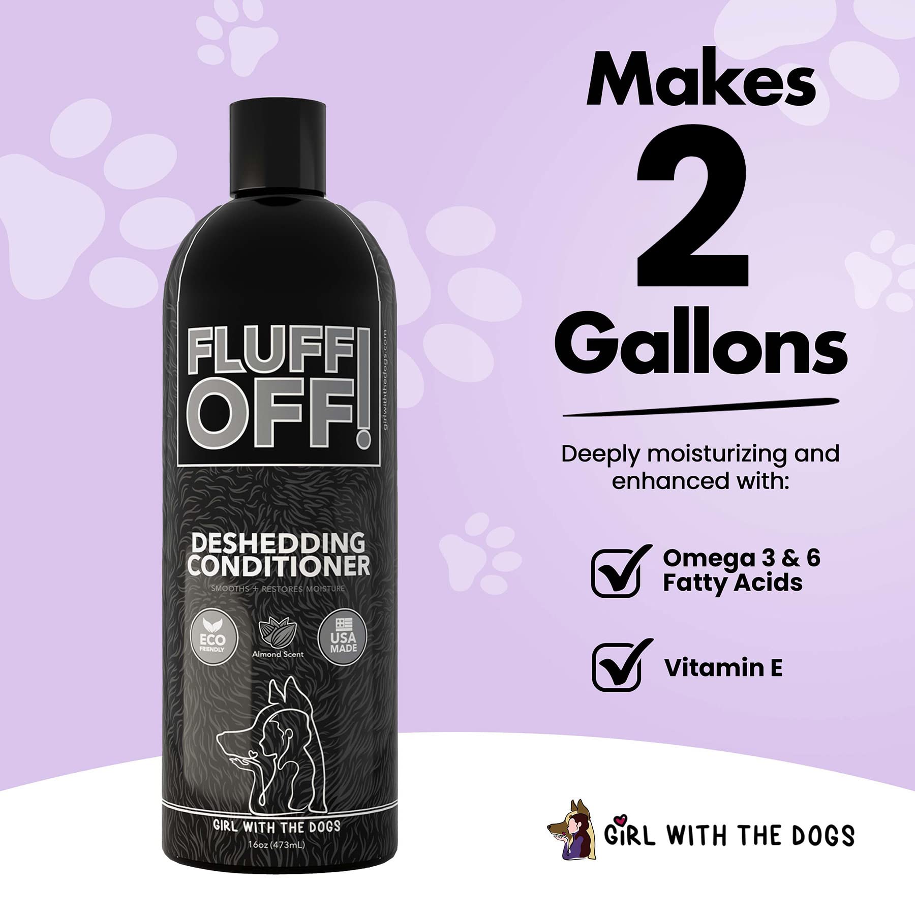 Fluff Off! By Girl With The Dogs, Natural Deshedding Dog/Cat Conditioner, 16 Oz, Made In Usa 8 Wks+