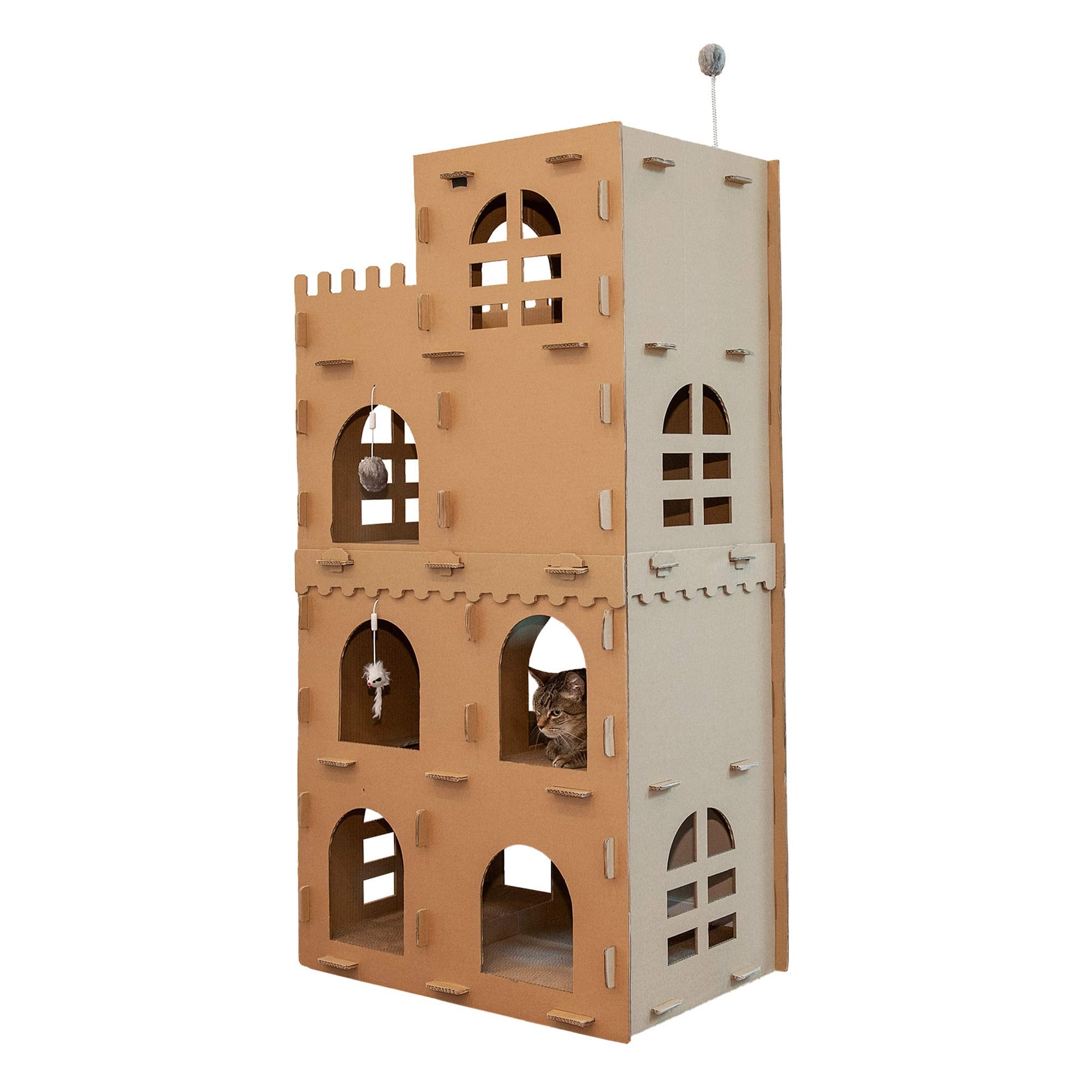 Furhaven Multi-Level Cardboard Cat Condo W/ Catnip For Indoor Cats, Ft. Scratching Pads & Toys - High Castle Tower Corrugated Ca