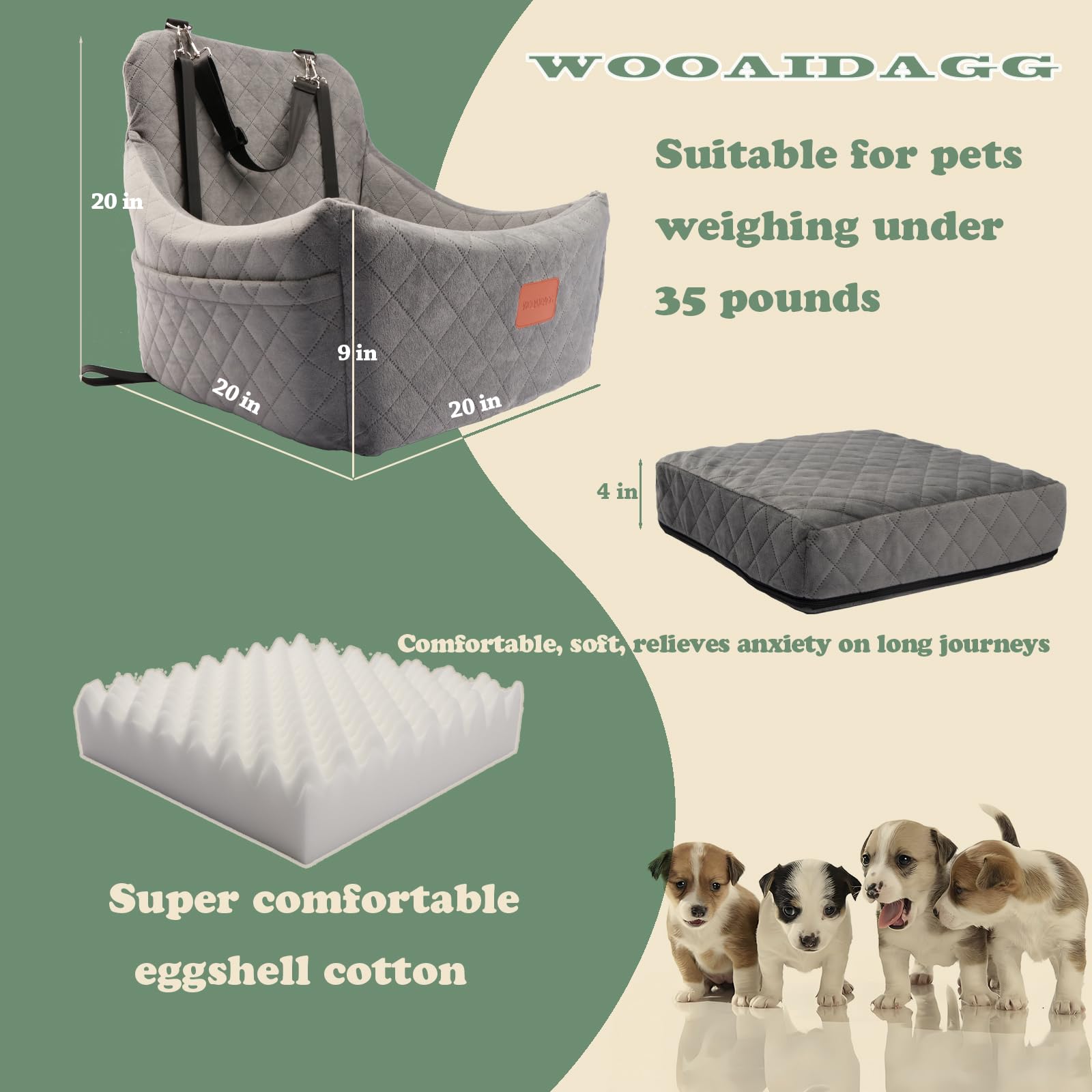 WOOAIDAGG Dog Car Seat for Medium Sized Dog,Pet Travel Car Bed with Seat Belt Channle,Fully Detachable and Washable Car Dog Seat