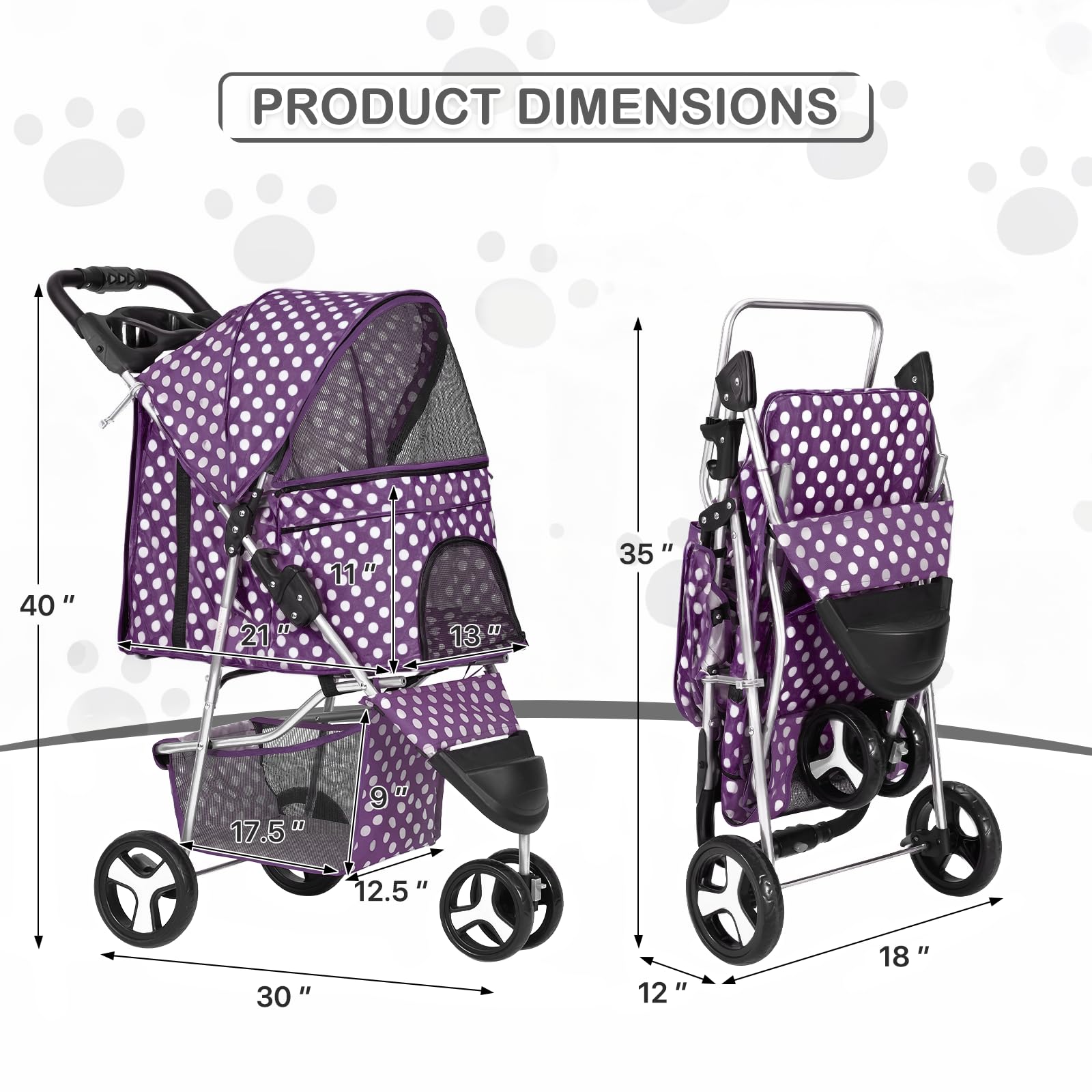 MoNiBloom 3 Wheels Pet Dog Cat Stroller for Small Medium Dogs Cats, Foldable Jogger Stroller w/Storage Basket and Cup Holder, Pu