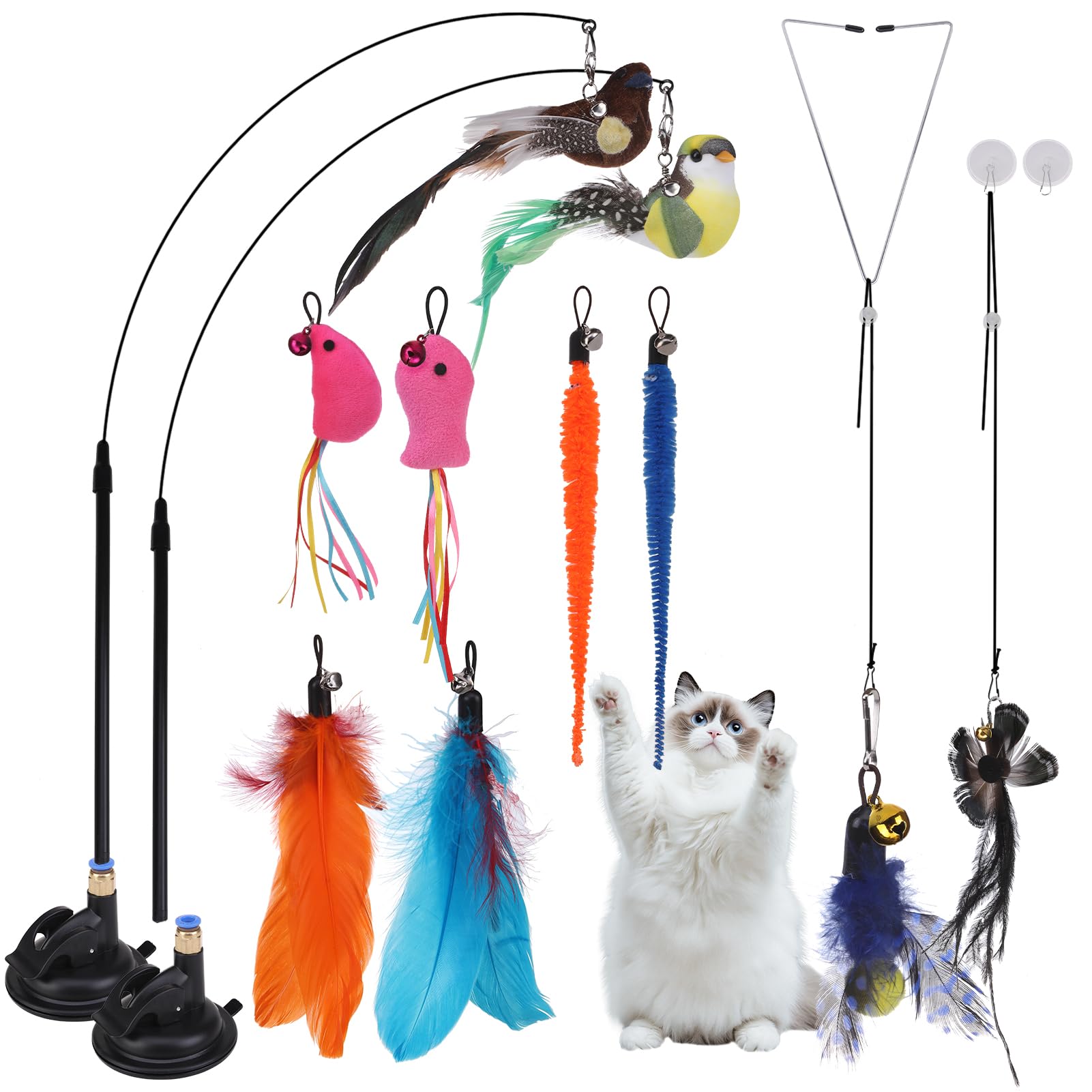 Pawchie Cat Toy,Interactive Cat Feather Toy,Suction Cup Cat Bird Simulation Toy Set,Self Play Cat Kitten Toys For Indoor,Cat Wan