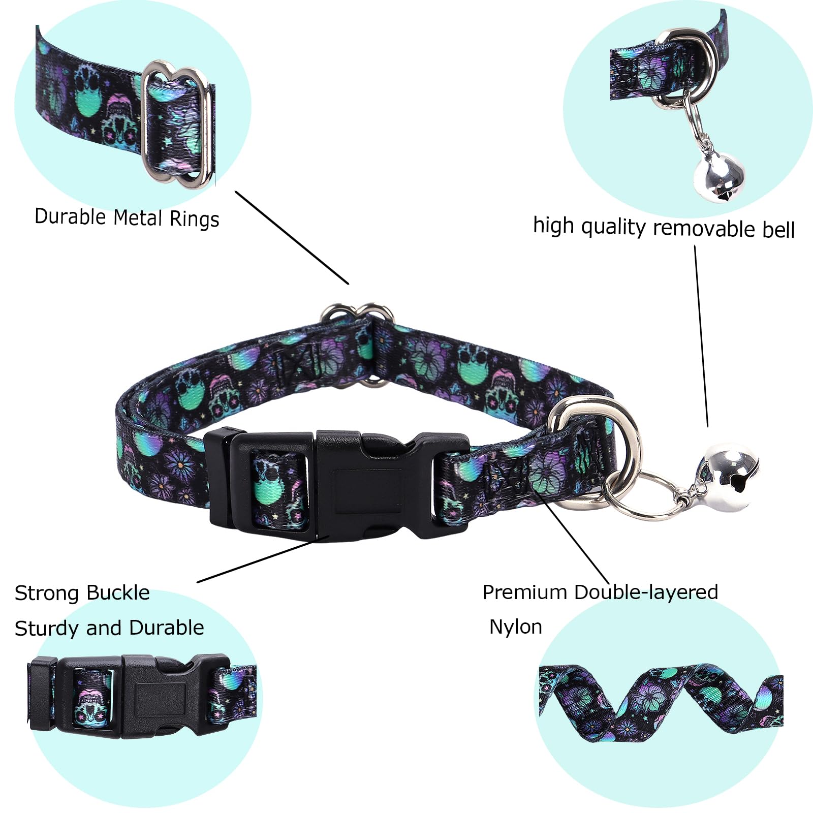 Skull Small Dog Collar With Bell, Pretty Cool Boy Cat Collar Tiny Puppy Collars With Bells For Xs Small Pet Male Dogs Kitten Lit
