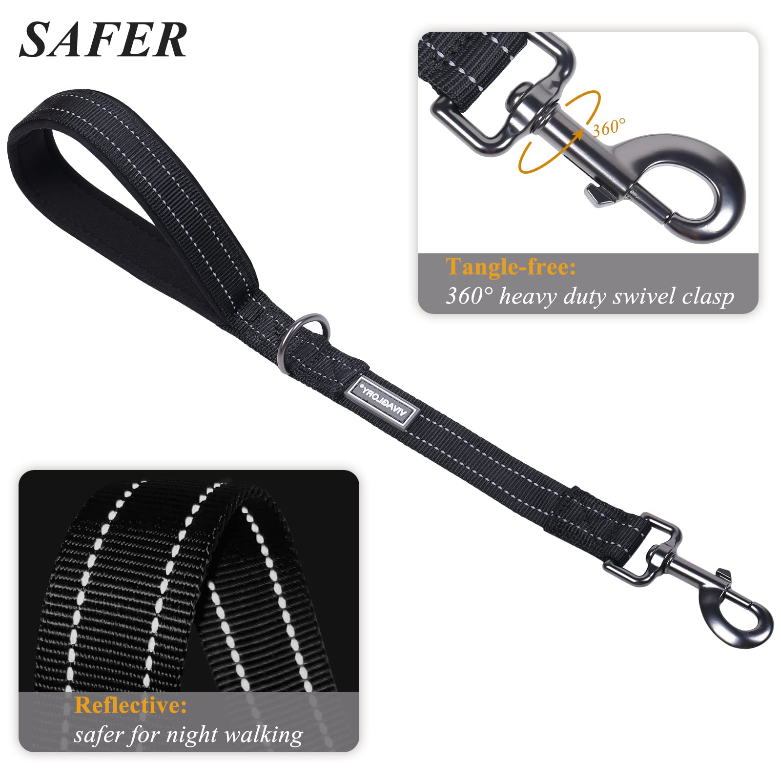 Vivaglory Short Dog Leash For Medium & Large Dogs, 18Inch, Black