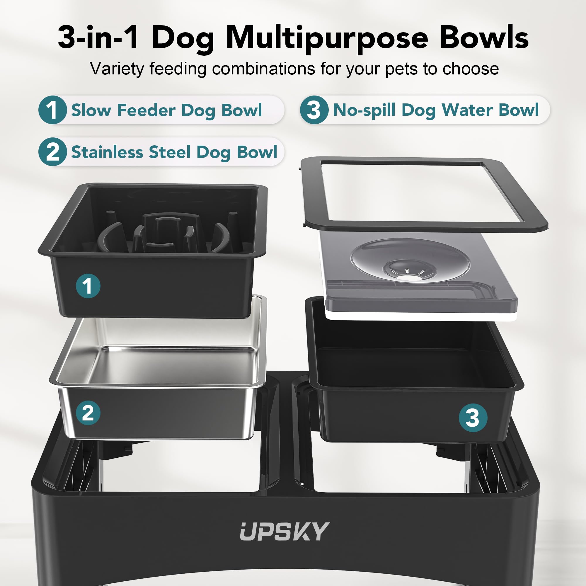 Upsky 3-In-1 Elevated Dog Bowls: Slow Feeder & No-Spill Stand, Stainless Steel, Adjustable Height For Small & Medium Dogs