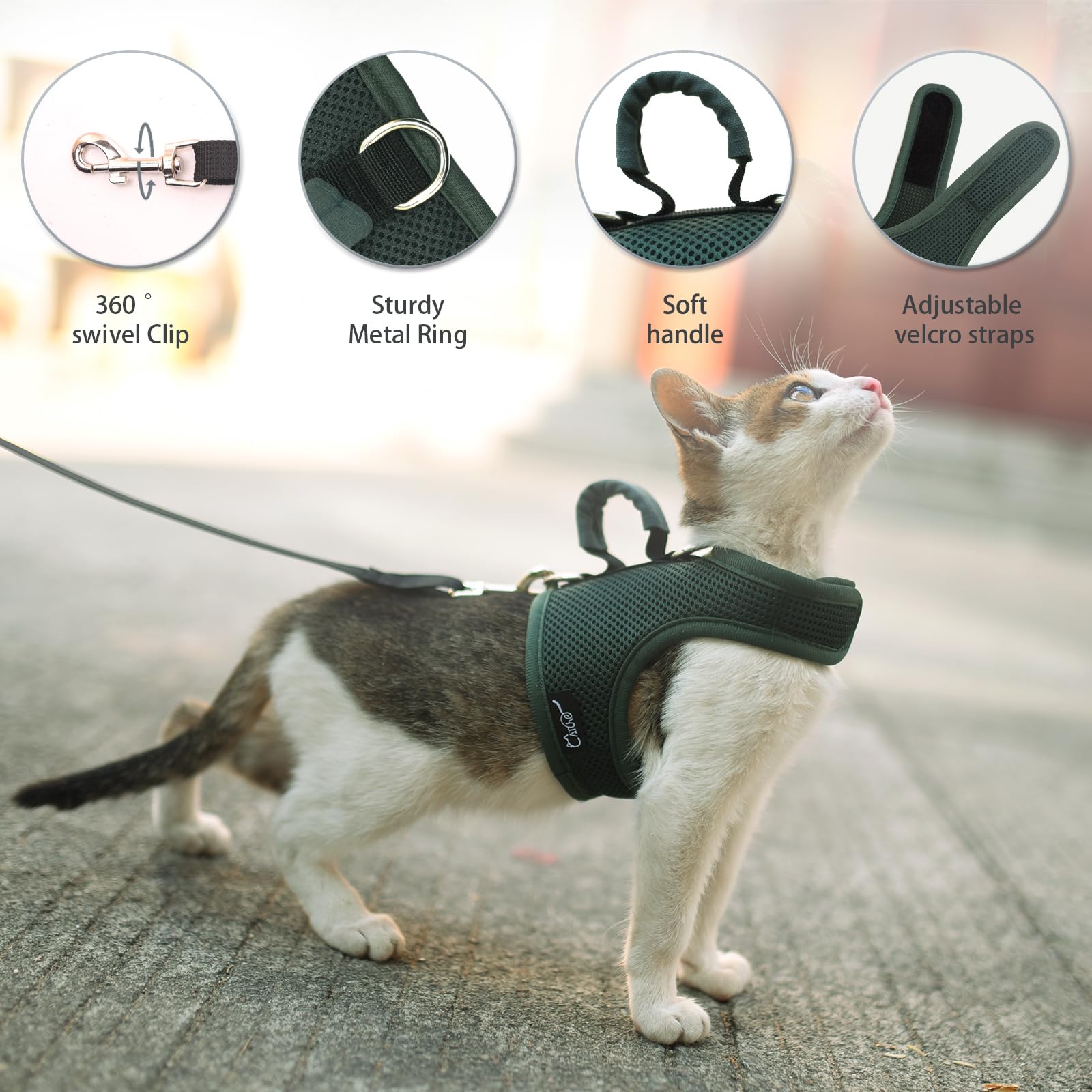 Kitty Harness And Leash For Walking Escape Proof Breathable Mesh Fabric, Solid Green, X-Small, Adjustable Cat Walking Jackets Wi