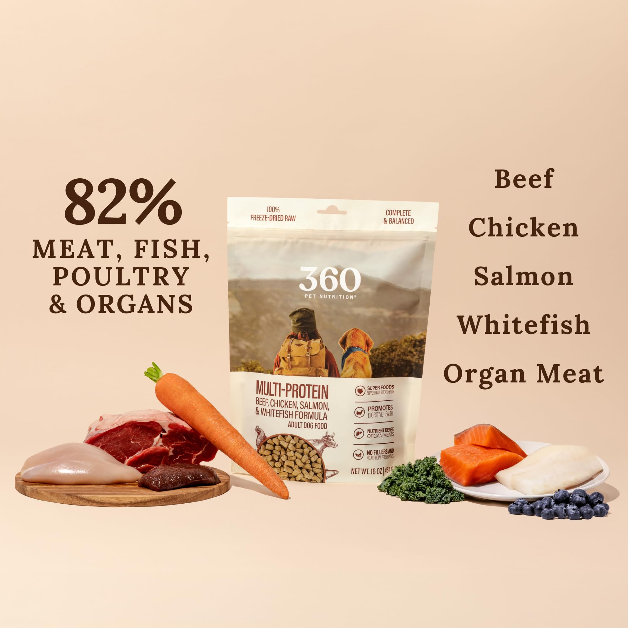 360 Pet Nutrition Freeze-Dried Raw Dog Food, High-Protein Complete Meal w/Beef, Chicken, Fish, Organs, Superfoods, No Fillers, 1