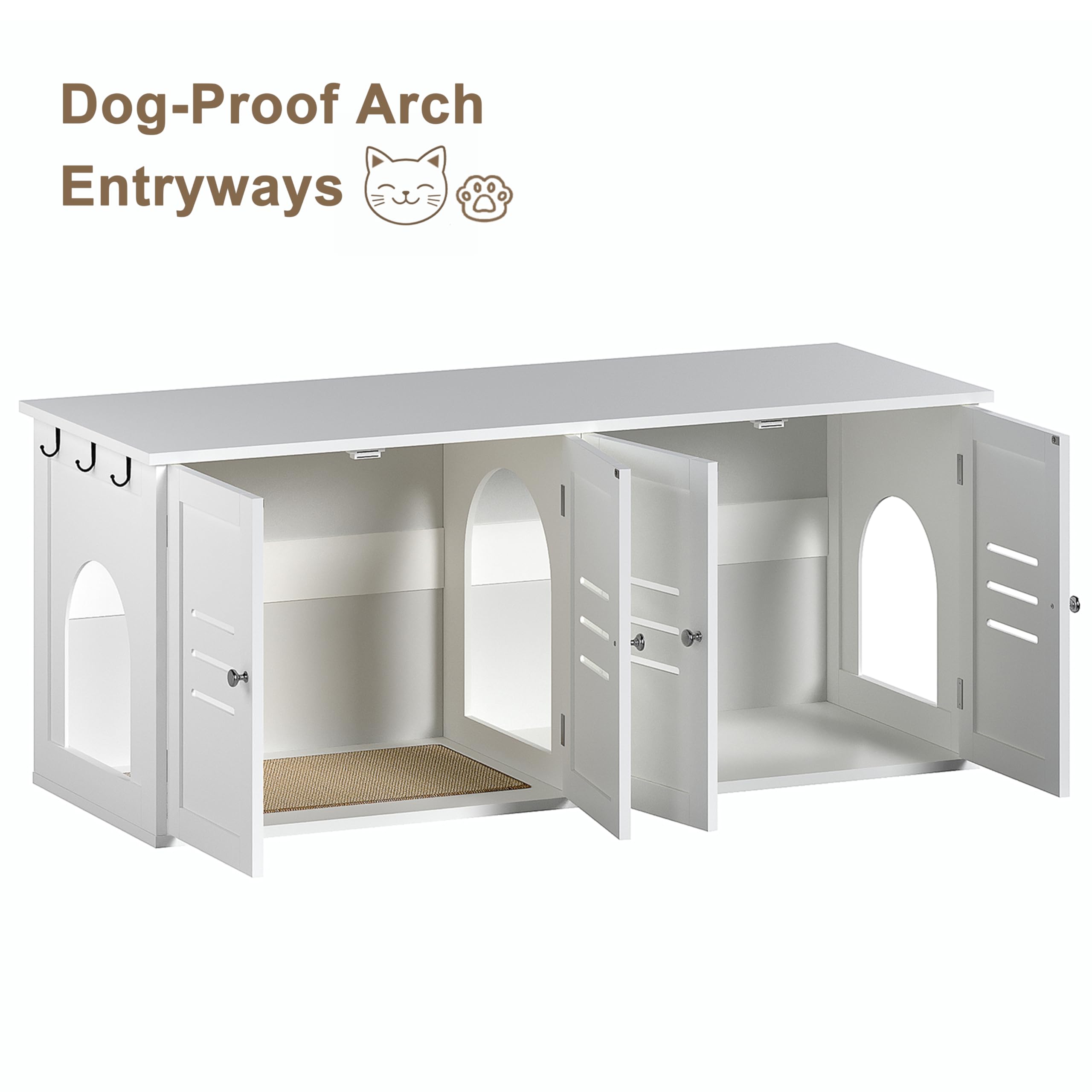 ChooChoo Cats Litter Box Enclosure, Hidden Wooden Litter Box with Double Room, Dog-Proof Cat Archway, White