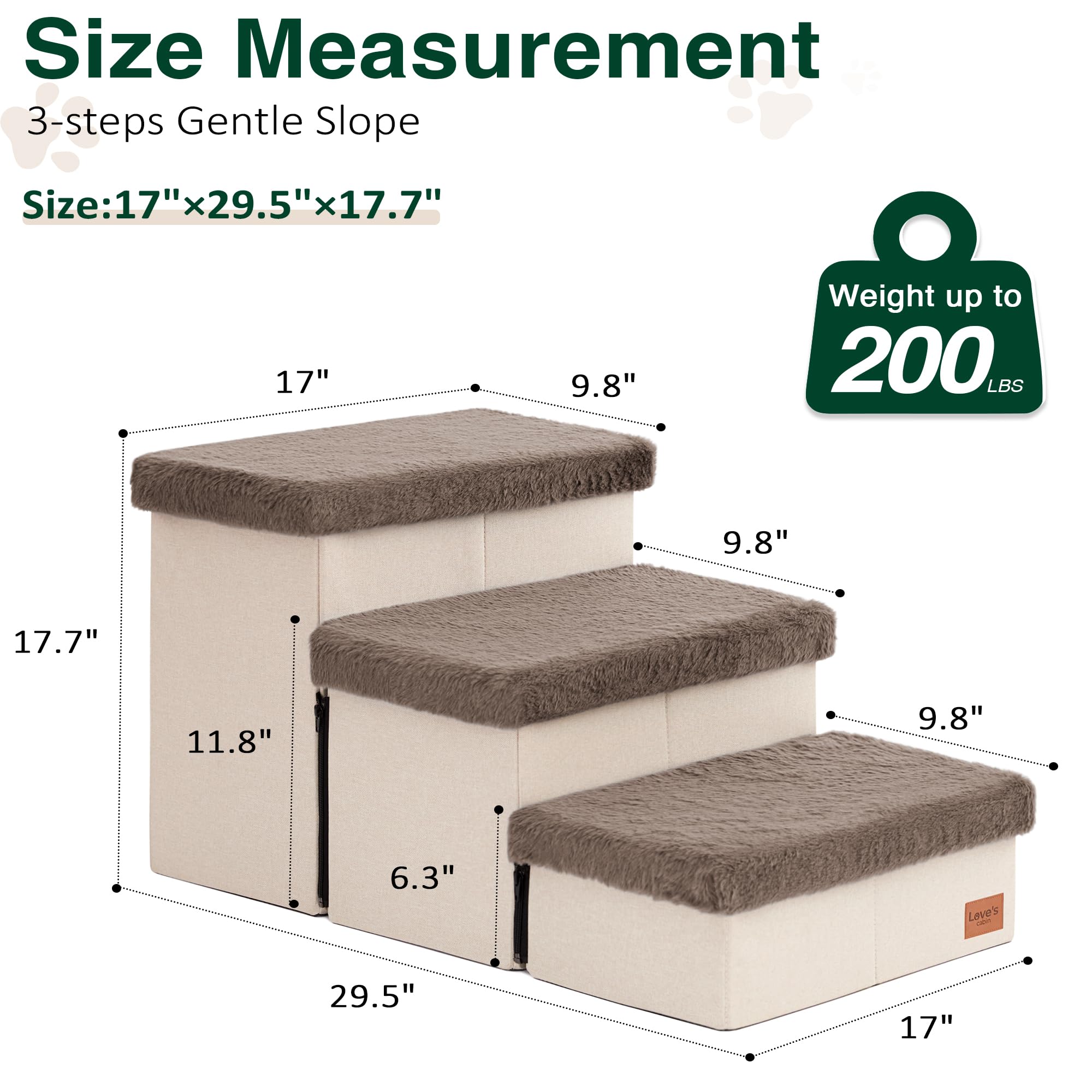 Love's Cabin Dog Stairs - 3 Steps, Foldable, 18" H, Brown Furry Lid for Small to Large Dogs, Supports up to 200 lbs