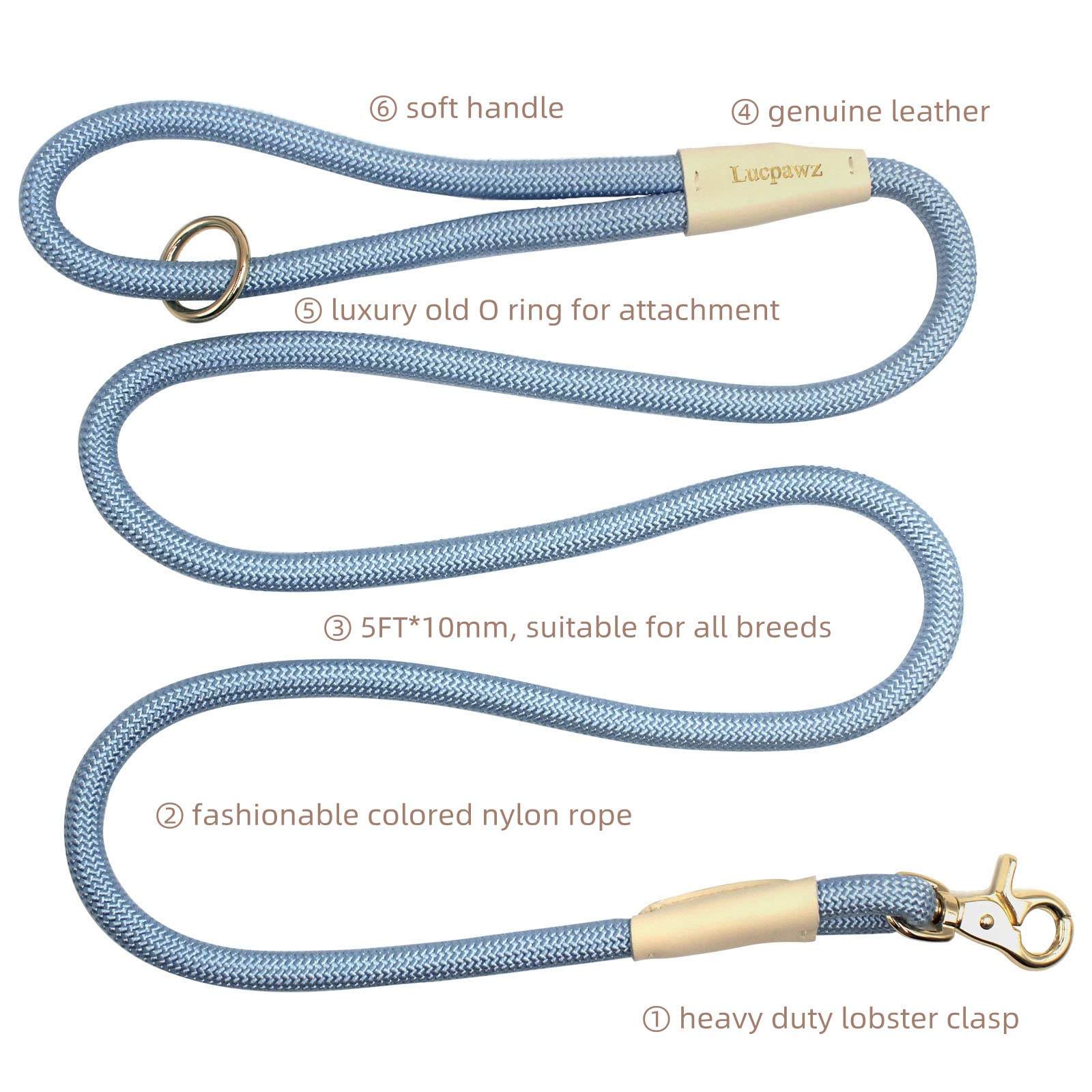Lucpawz Lobster Snap Pet Leash 5Ft, Special Strong Nylon Rope Dog Leash, Solid Color Rope Dog Lead For All Breeds(Blue, 5Ft*10Mm