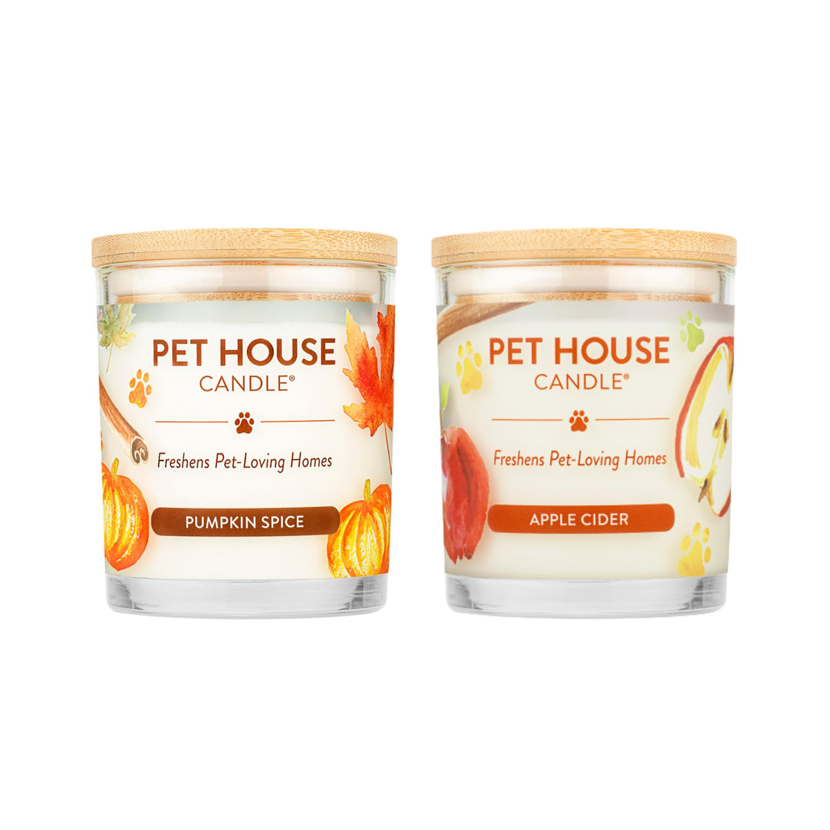 One Fur All Pet House Pumpkin Spice and Apple Cider Candles 2 Pack - Plant-Based/Soy Candle - Clean Burning Scented Candles, Lon