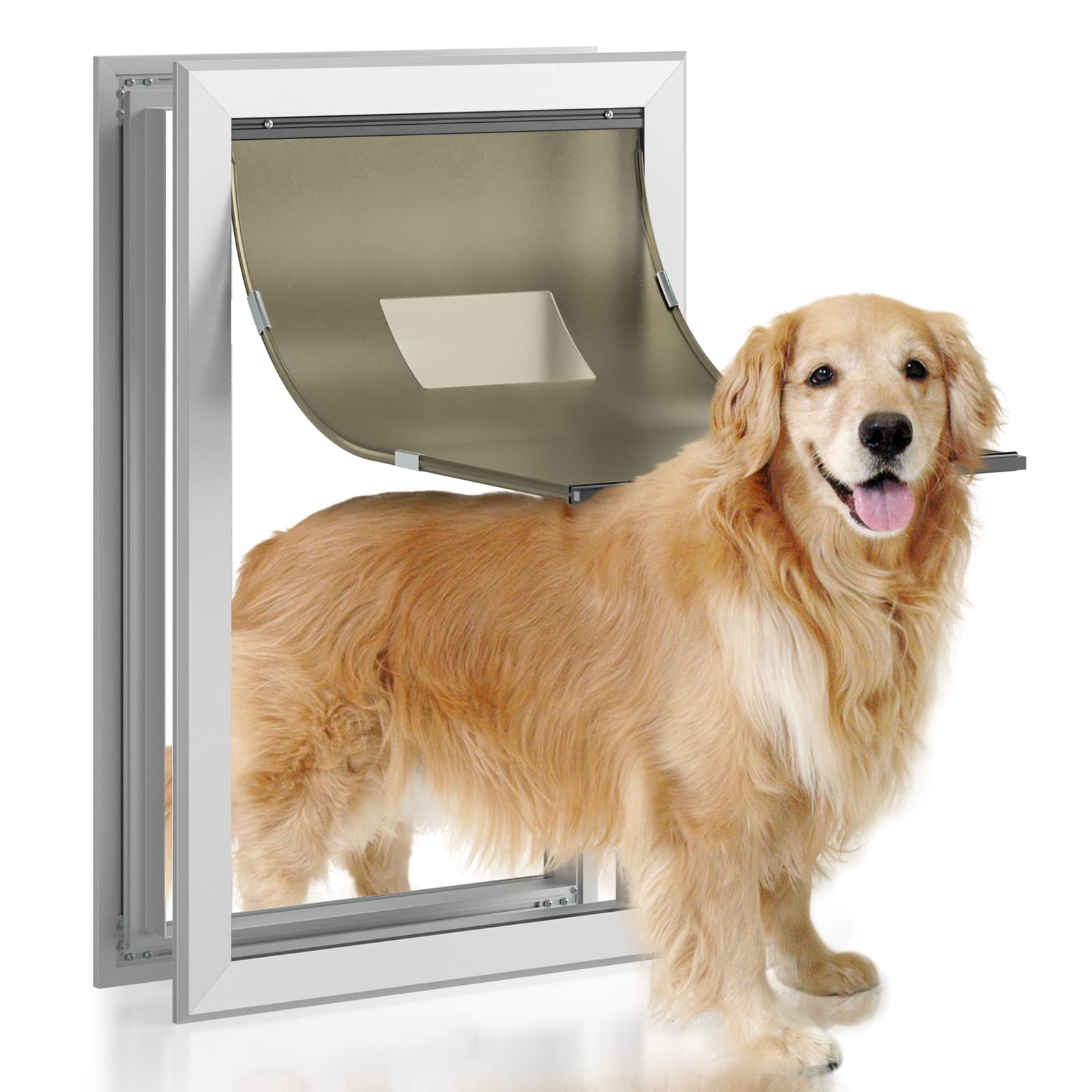 Dog Door Aluminum Pet Door With Large Flap 11' X 16', Petouch Doggie Door Designed With Automatic Closing Magnetic Flap, Telescoping Tunnel & Lockable Sliding Panel For Extreme Weather, Large