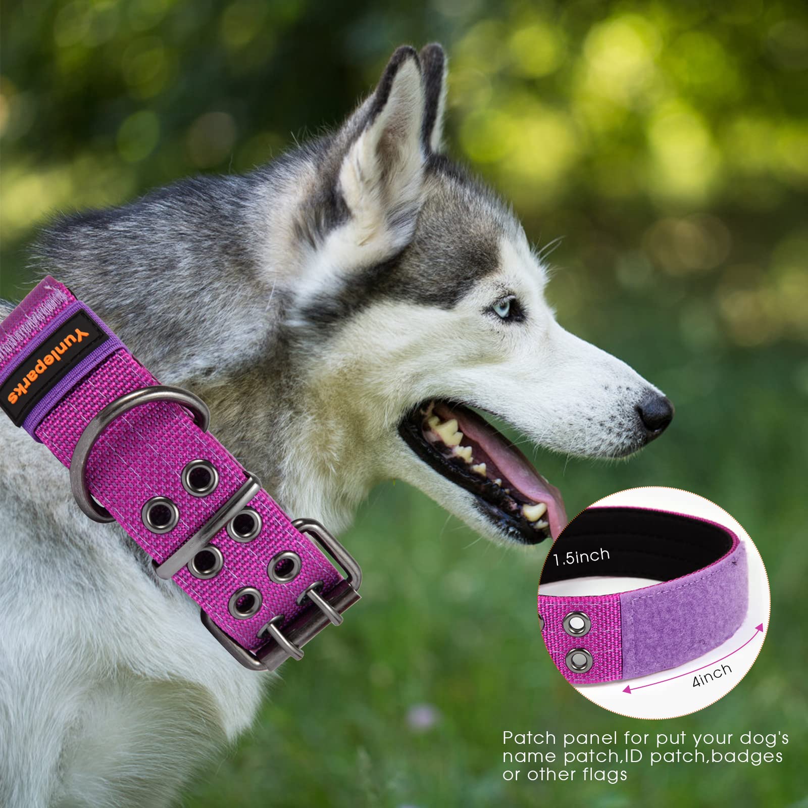 Yunleparks Tactical Collar For Medium Large Dogs, Heavy Duty Metal Buckle, Soft Neoprene Padded, Nylon Wide(Large, Purple)