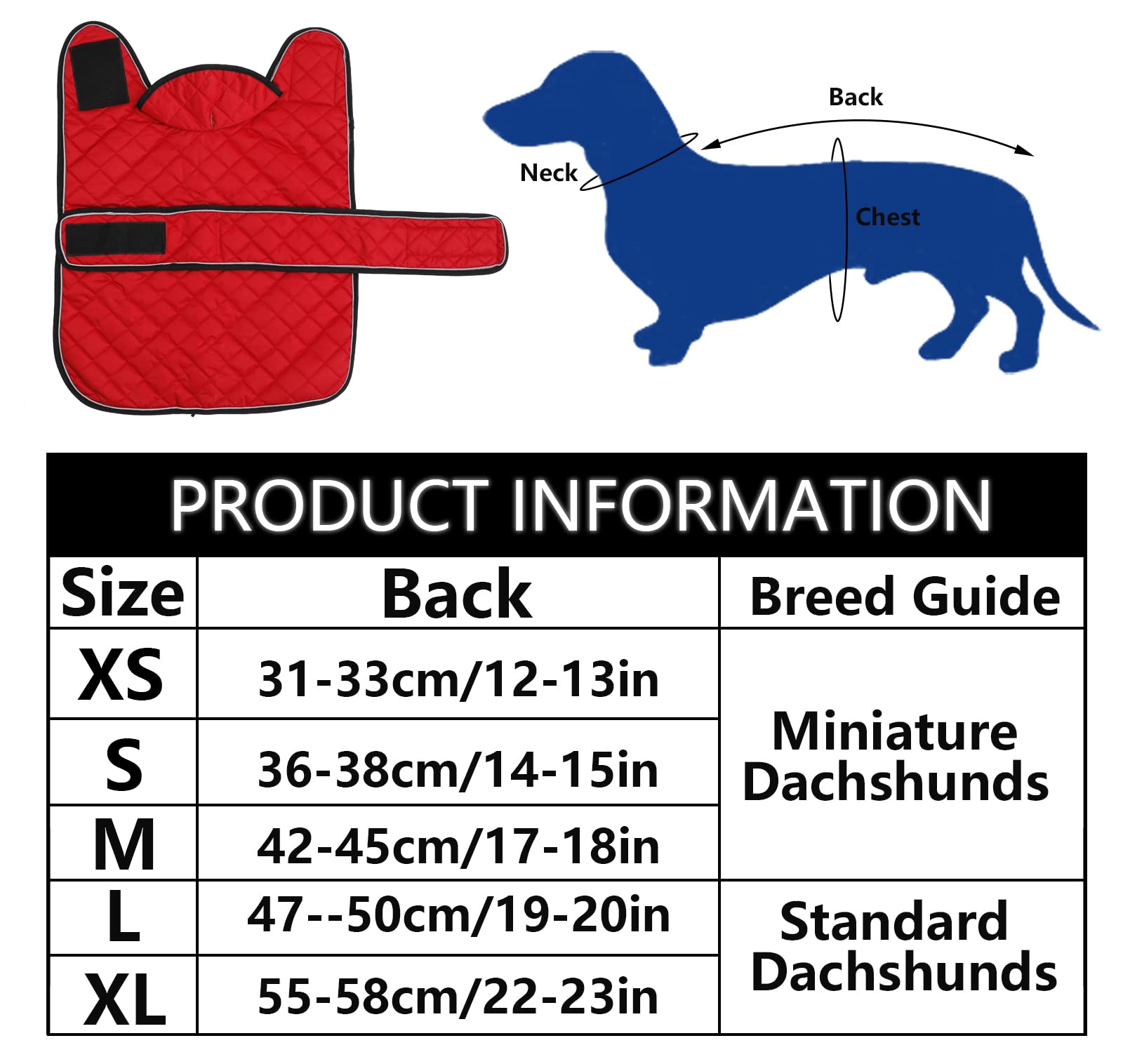 Warm Thermal Quilted Dachshund Coat, Dog Winter Coat With Warm Fleece Lining, Outdoor Dog Apparel With Adjustable Bands For Medium, Large Dog-Red-L