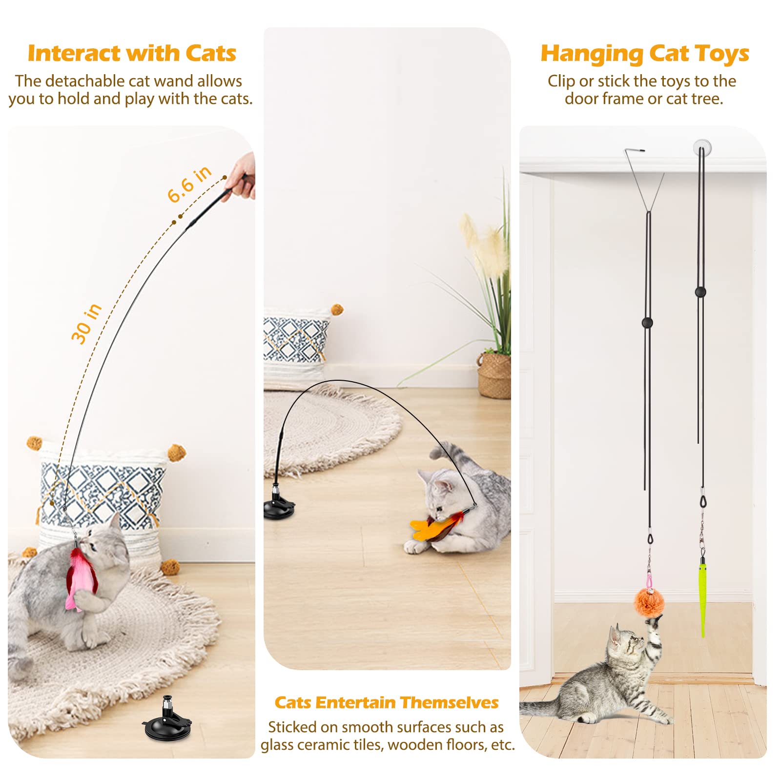 Hosfroll Cat Toys, 2 Pack 3 In 1 Interactive Cat Toy For Indoor Cats With Sticky Super Suction Cup Detachable 10 Pcs Replacement