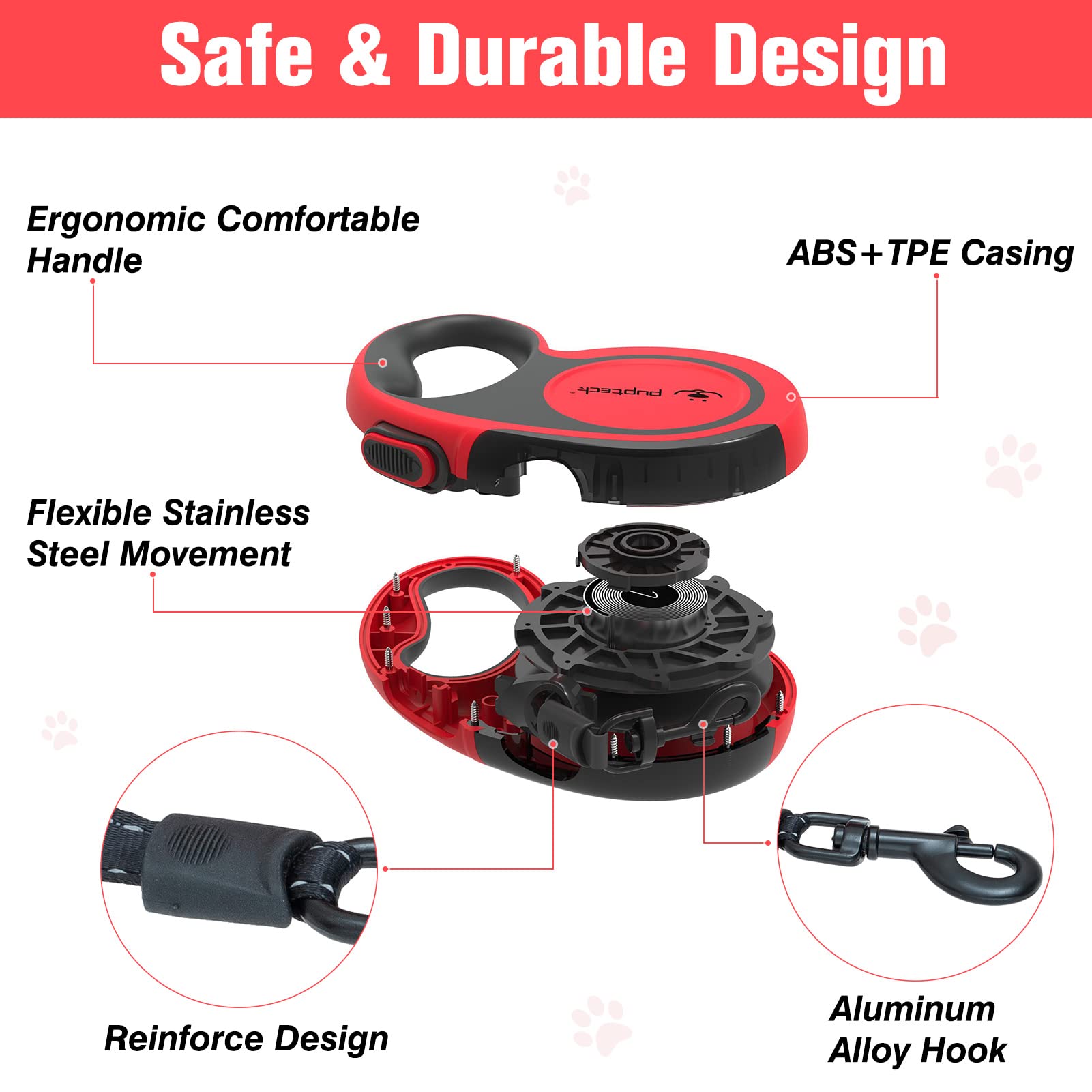 PUPTECK Retractable Dog Leash, 16ft Reflective, Anti-Chewing Steel Wire, Tangle-Free for Small Medium Large Dogs, Red, Heavy Duty 110lbs