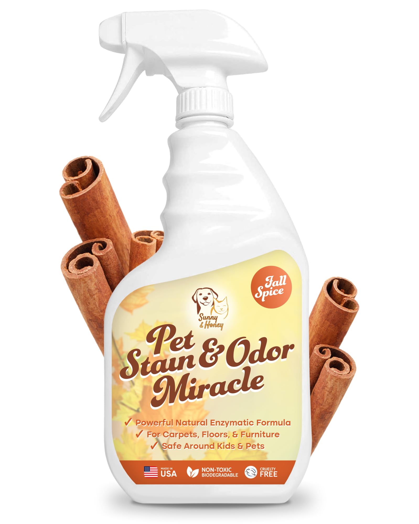 Sunny & Honey Pet Stain & Odor Miracle - Enzyme Cleaner For Dog And Cat Urine, Feces, Vomit, Drool (Fall Spice Scent, 32 Fl Oz)