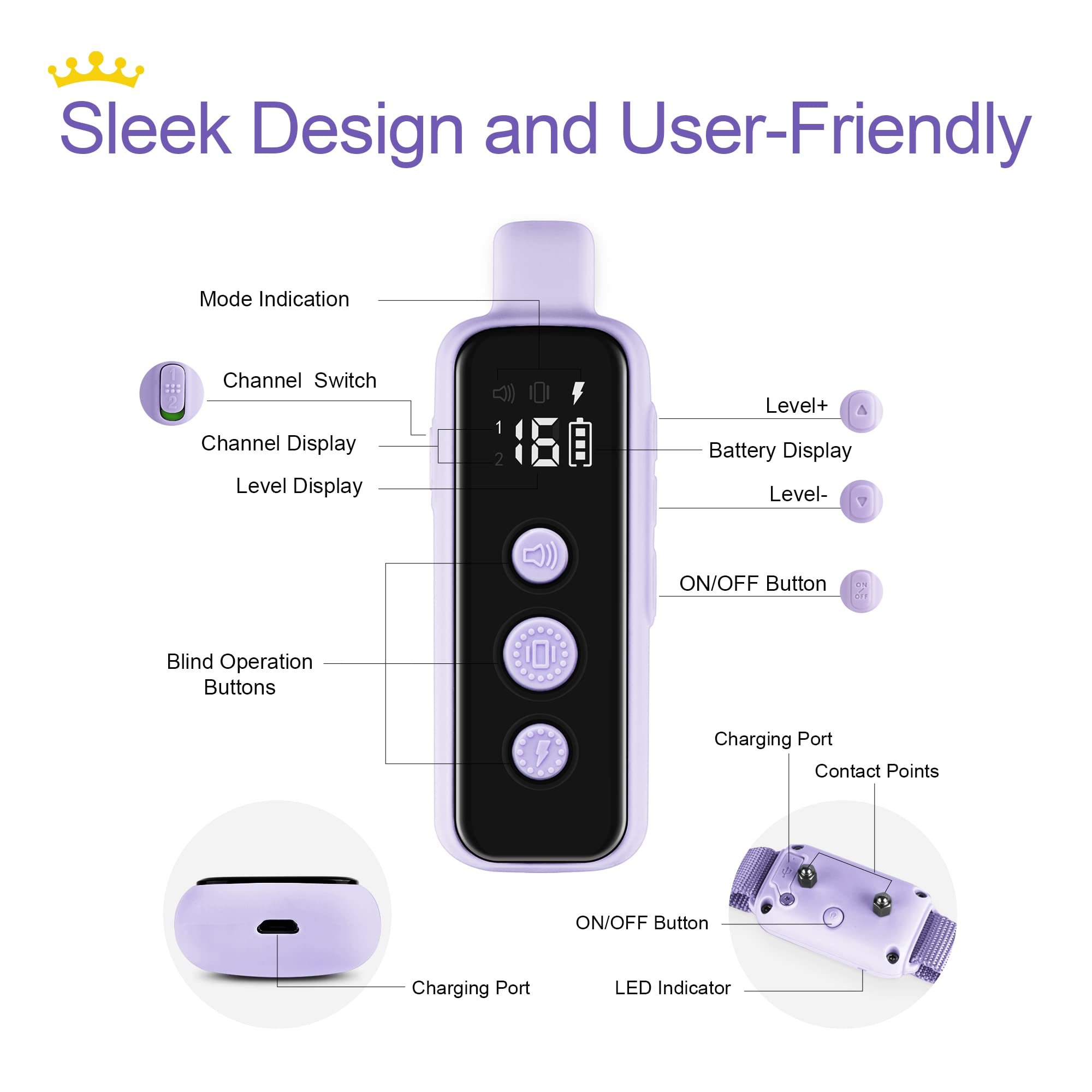 Bousnic Waterproof Rechargeable Shock Collar for Dogs - Remote Training Collar with Beep, Vibration, Safe Shock Modes (Purple, 8-120 lbs)