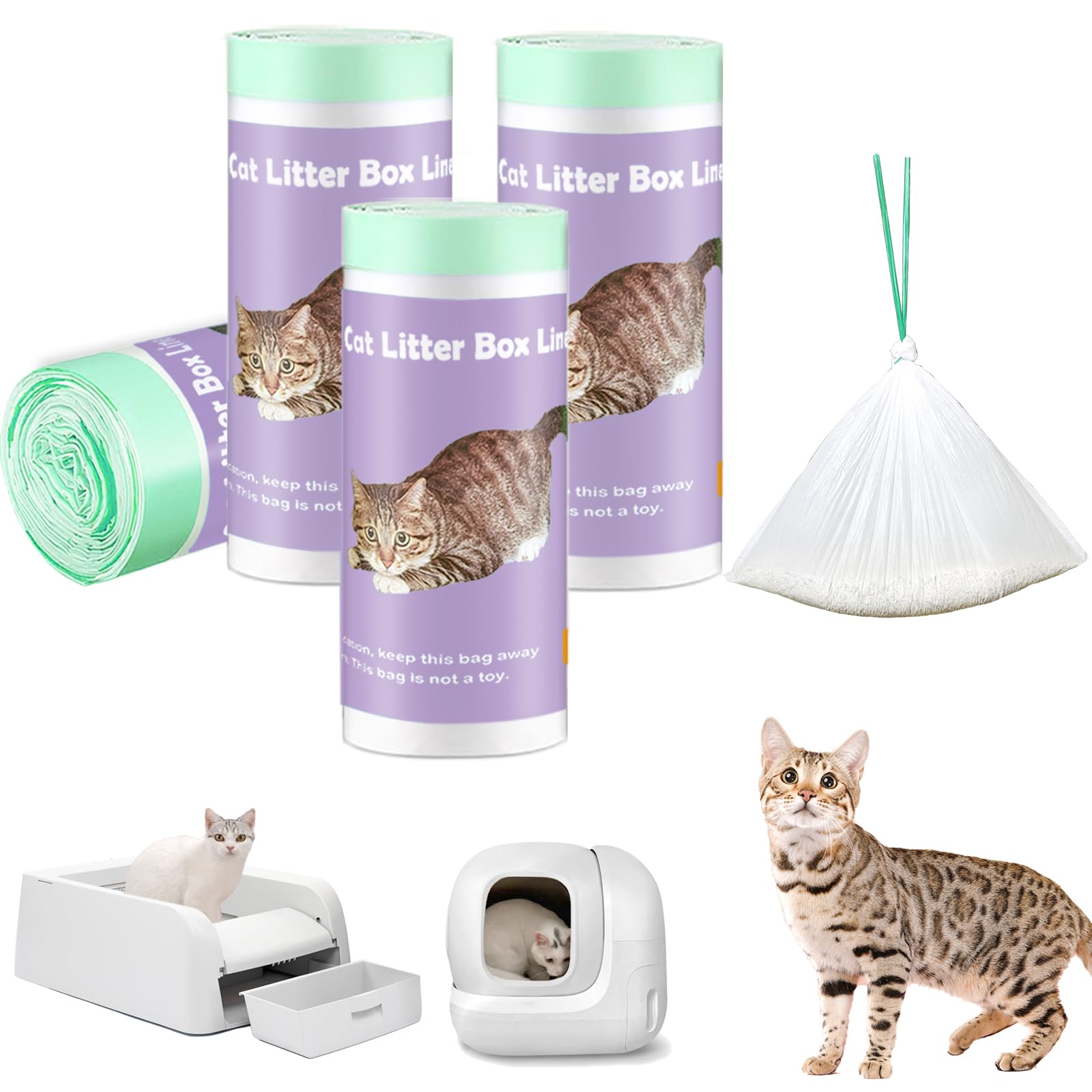 100 Pack Cat Litter Box Liner Bags Compatible With Self-Cleaning Cat Litter Box, Thick Heavy Duty Drawstring Waste Drawer Liners