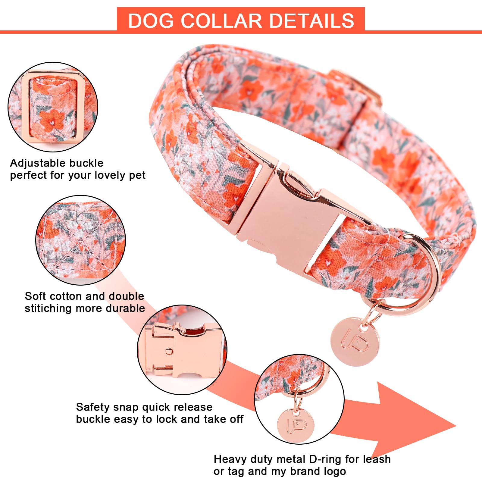 Up Urara Pup Dog Collar For Summer,Orange Flower Dog Collar,Cotton Puppy Collar With Adjustable Buckle For Small,Medium,Large Gi