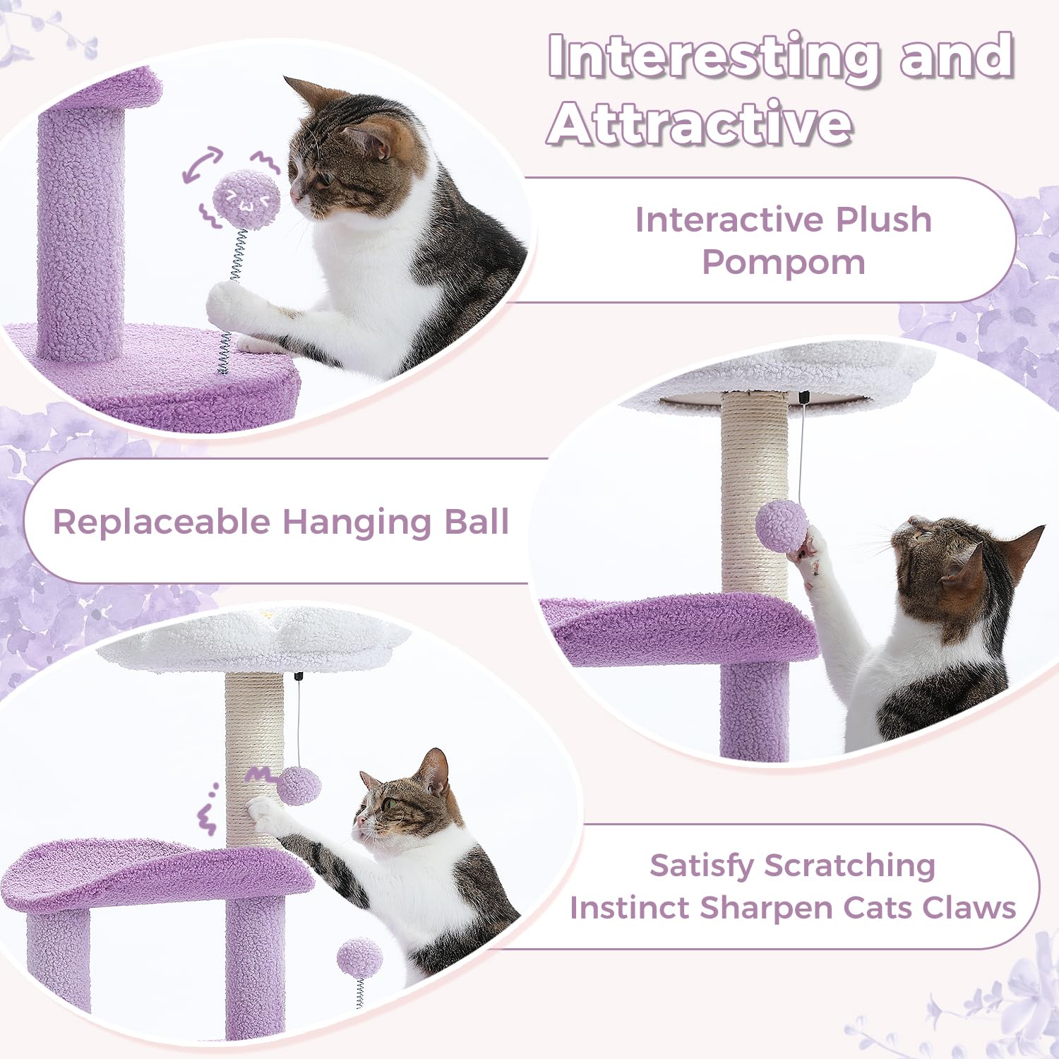 PAWZ Road Cat Tree,32 Inches Purple Flower Cat Tower with Sisal Covered Scratching Post, Cozy Condo, Plush Perches and Fluffy Ba