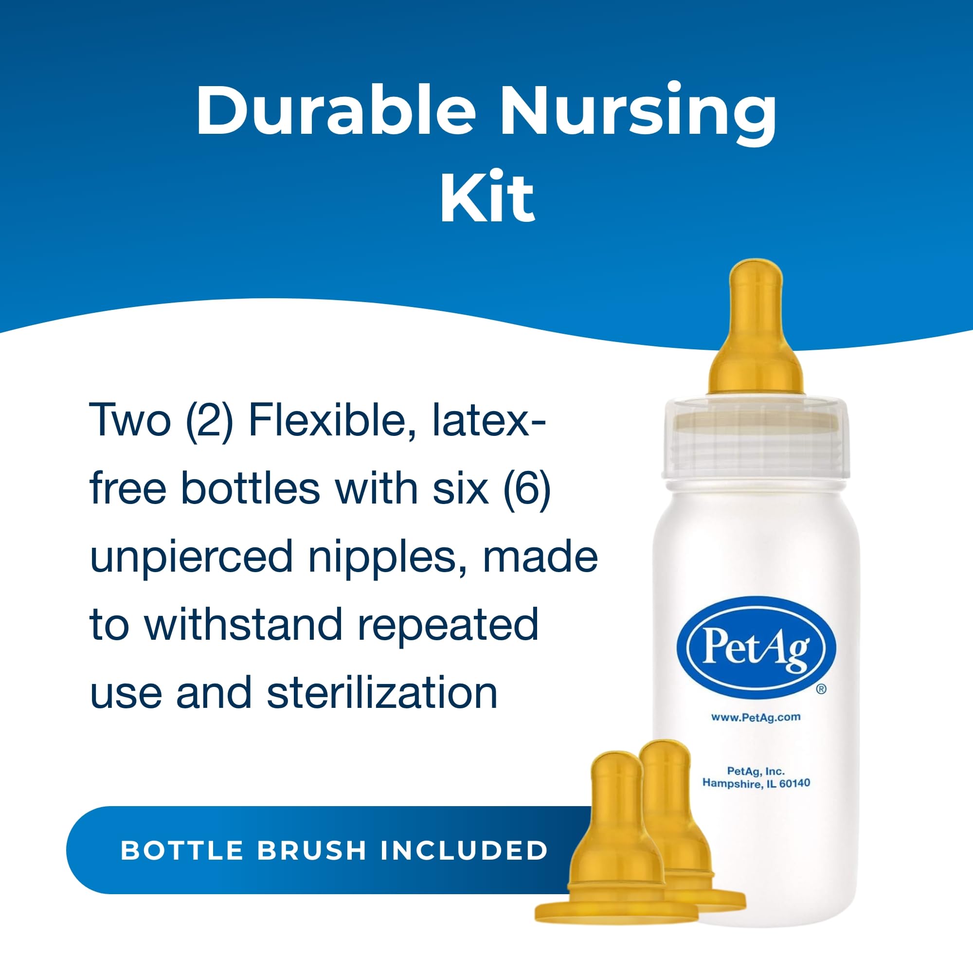 PetAg Nursing Kit - 4 oz Bottles with Nipples & Cleaning Brush - Pack of 2 for Baby Animals