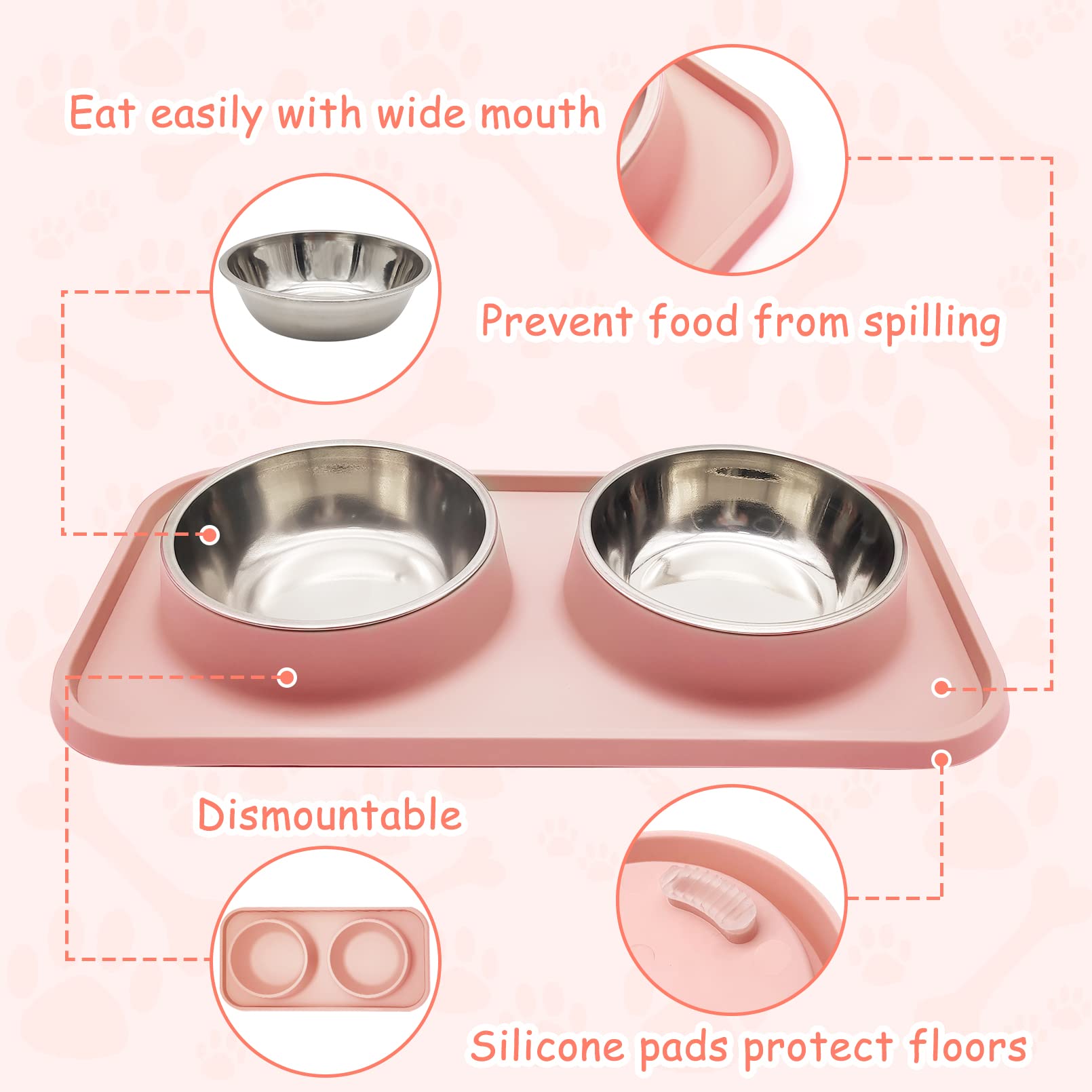 BNOSDM Double Dog Food Bowls Stainless Steel Dog Food and Water Bowls with Non-Spill Plastic Mat Pet Cat Feeder Bowl Set for Pup